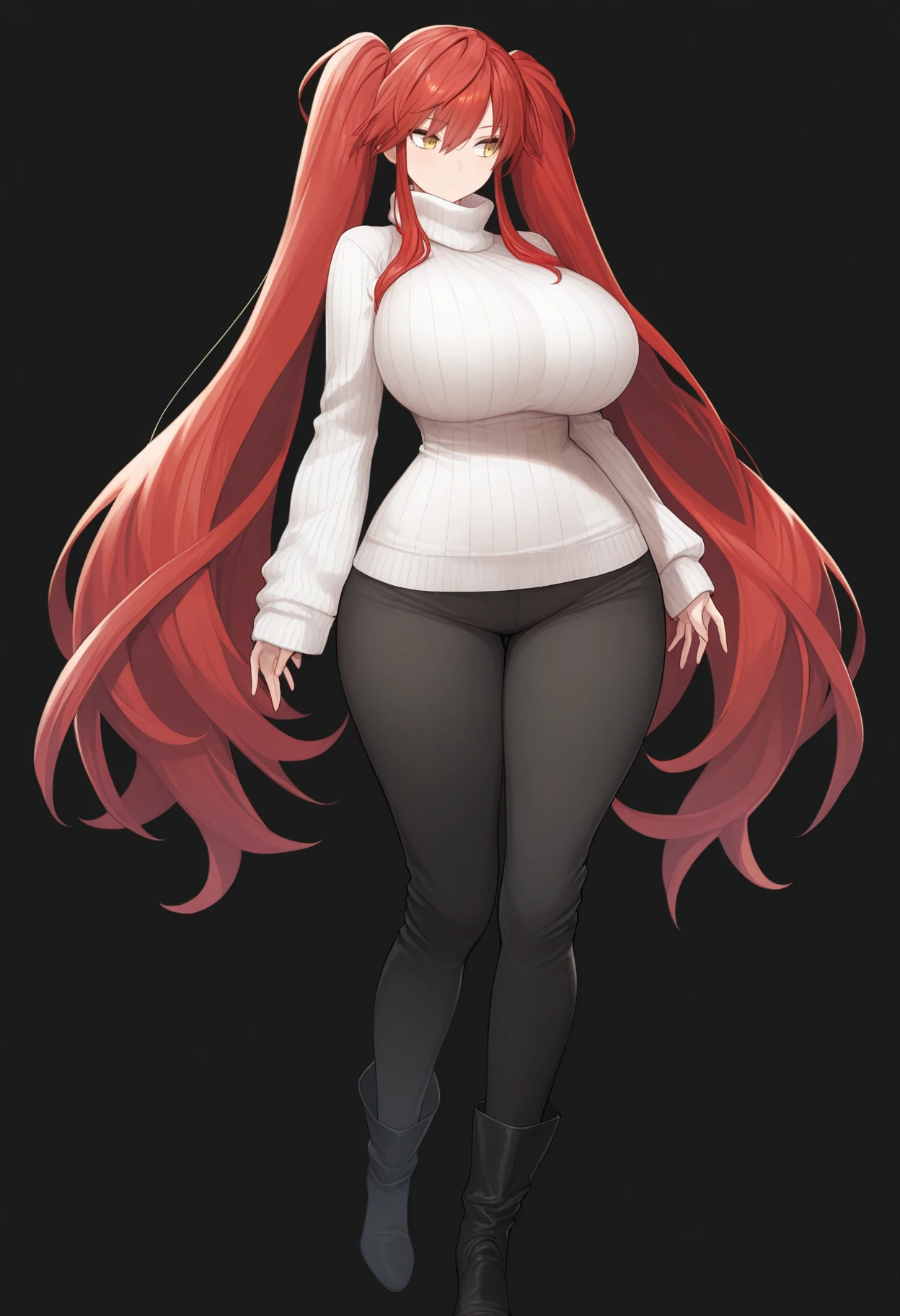 masterpiece, best quality, 1girl, solo, <lora:feh-style-richy-v1_ixl:1.0> fehdef, full body, standing, black background, simple background, red hair, twintails, very long hair, yellow eyes, huge breasts, turtleneck sweater, white sweater, ribbed sweater, black pants, wide hips, black boots