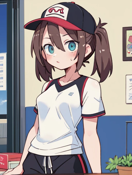 (masterpiece, high quality,:1.4), BREAK,
1girl,solo, 
brown hair, High Pigtails with Colored Hair Ties, twintails, coral eyes, muscular female, shirt, bare shoulders, sweatpants, baseball cap, Ear Tunnels, small breasts,