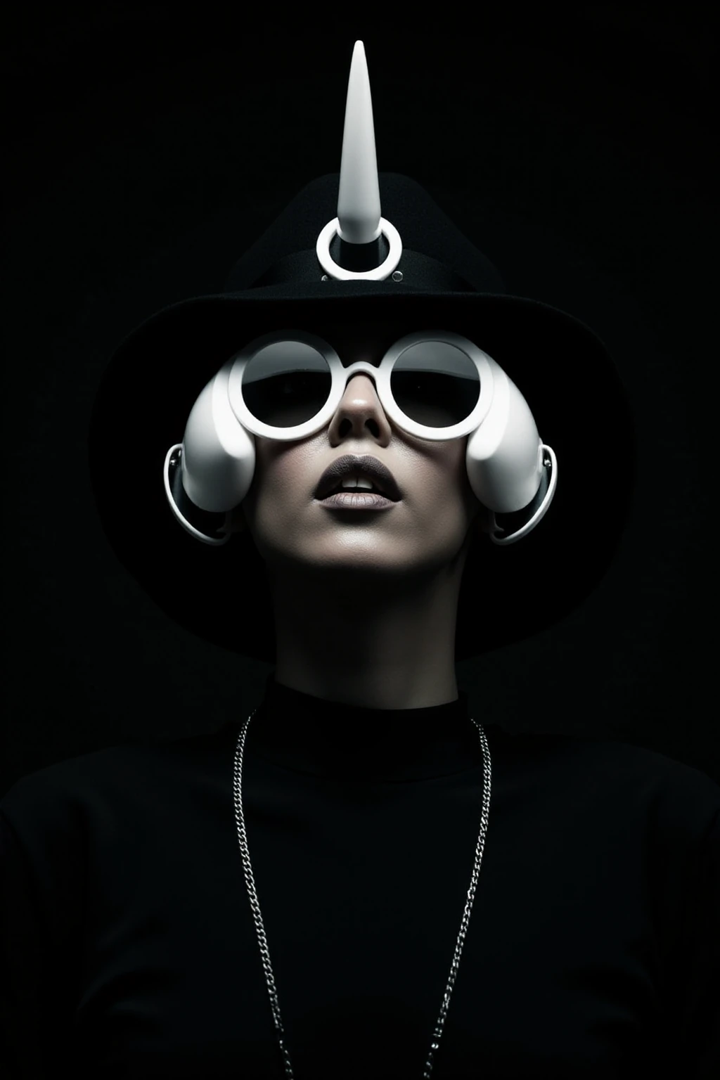 (In the style of rossdraws), 
Create a striking and enigmatic portrait of a person, centered in the frame, embodying a futuristic and avant-garde aesthetic with high-fashion editorial flair. The subject is adorned in a black hat featuring a circular brim that elegantly frames their face, with a central, pointed adornment extending upwards, adding height and drama to their appearance. Their oversized, circular white glasses contribute to the futuristic vibe, complete with large, conical attachments on either side, resembling advanced auditory or communication devices., 
The mood of the image is intense and mysterious, captured through the subject's direct and engaging gaze. Dramatic lighting casts a luminous glow on their skin, set against a dark background, highlighting the contrast and sculptural quality of their features and accessories. The composition is perfectly symmetrical, with the subject's face and accessories evenly placed, further emphasized by the uniformity of their necklace., 
The subject's expression is neutral yet powerful, with closed lips and wide-open eyes, enhancing the enigmatic quality of the portrait. The color palette is monochromatic, dominated by black, with the white of the glasses and the subtle sheen on the subject's skin punctuating the scene. This limited color scheme accentuates the impact of the subject's dark skin tone and the textures of their accessories., 
The square frame focuses the viewer's attention solely on the subject, eliminating any extraneous details and ensuring the central figure remains the focal point. The use of space and the dark background contribute to the subject's prominence in the image., 
Overall, the image should blend elements of fashion, science fiction, and portraiture, creating a visually arresting and thought-provoking piece, perfectly suited for the FLUX AI model., <lora:Valeria_Kill_Machine_FLUX:0.9>, ultra detailed, intricate details, beautiful, masterpiece