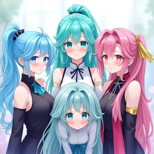 featuring five young women with distinct hairstyles and outfits.   1. The first woman on the far left has light blue hair styled in a high ponytail with a bow, and wears a black and white outfit. She has large, This is a vibrant digital illustration featuring three anime-style characters with distinct hairstyles and clothing. The background is a softly lit, slightly blushing expression, golden tassels.  In the center, a woman with long, gradient teal color