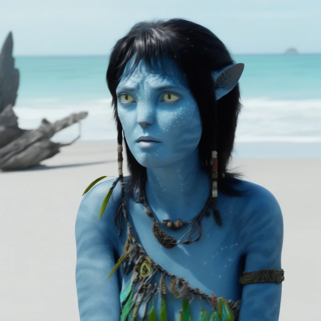 AvKiri, colored skin, blue skin, yellow eyes, short black hair, looking at viewer,smiling, close up, flat torso, outside, forest, sunbeam, high quality, masterpiece, front view, navi tail, standing, hands on hips