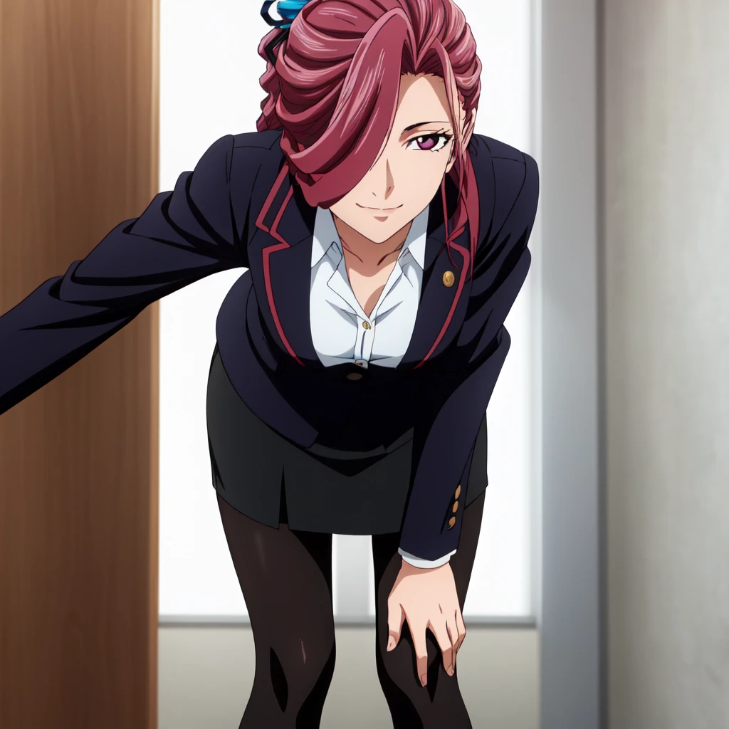 best quality, anime screencap, anime coloring, 1girl, solo, breasts, skirt, white shirt, black jacket, pantyhose, formal, suit, pencil skirt, office lady, skirt suit, hair ornament, pink eyes, magenta hair, hair over one eye, drill hair, long ponytail, long hair, maltran_v1, Leaning forward against a low wall, hands resting on the surface, head turned to the side with a soft smile, smile, closed mouth, matured women