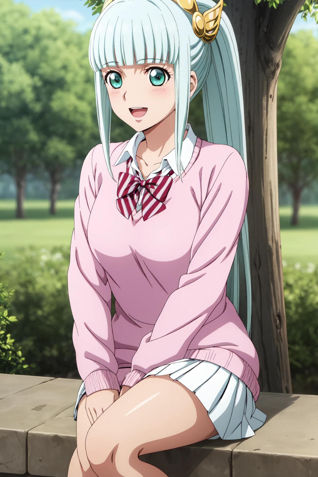 best quality, anime screencap, anime coloring, 1girl, solo, long hair, bangs, hair ornament, green eyes, ponytail, silver hair, sidelocks, blunt bangs, lailah_fethmus, skirt, shirt, long sleeves, bow, school uniform, collarbone, white shirt, pleated skirt, striped, collared shirt, red bowtie, dress shirt, white skirt, striped bow, striped bowtie, (pink sweater:1.3), smile, blushing, open mouth, Leaning against a tree with one leg raised and foot resting on the trunk, arms crossed, looking thoughtful