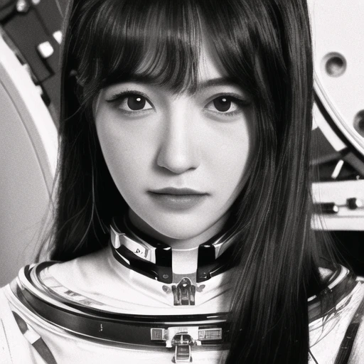 Best quality, masterpiece, ultra high res,(photorealistic:1.4),raw photo,1girl, solo,realistic, portrait,  long hair,  black hair, black eyes, looking at viewer, black twintails ,cute girl, kawaii, teen, beautiful,cosplay,  space ship, spacesuit, space station, fighter, half body, monochrome, lineart, <lora:Feiqinyuan-000004:0.8> <lora:æ°´å½©ç¬v1.2:1>