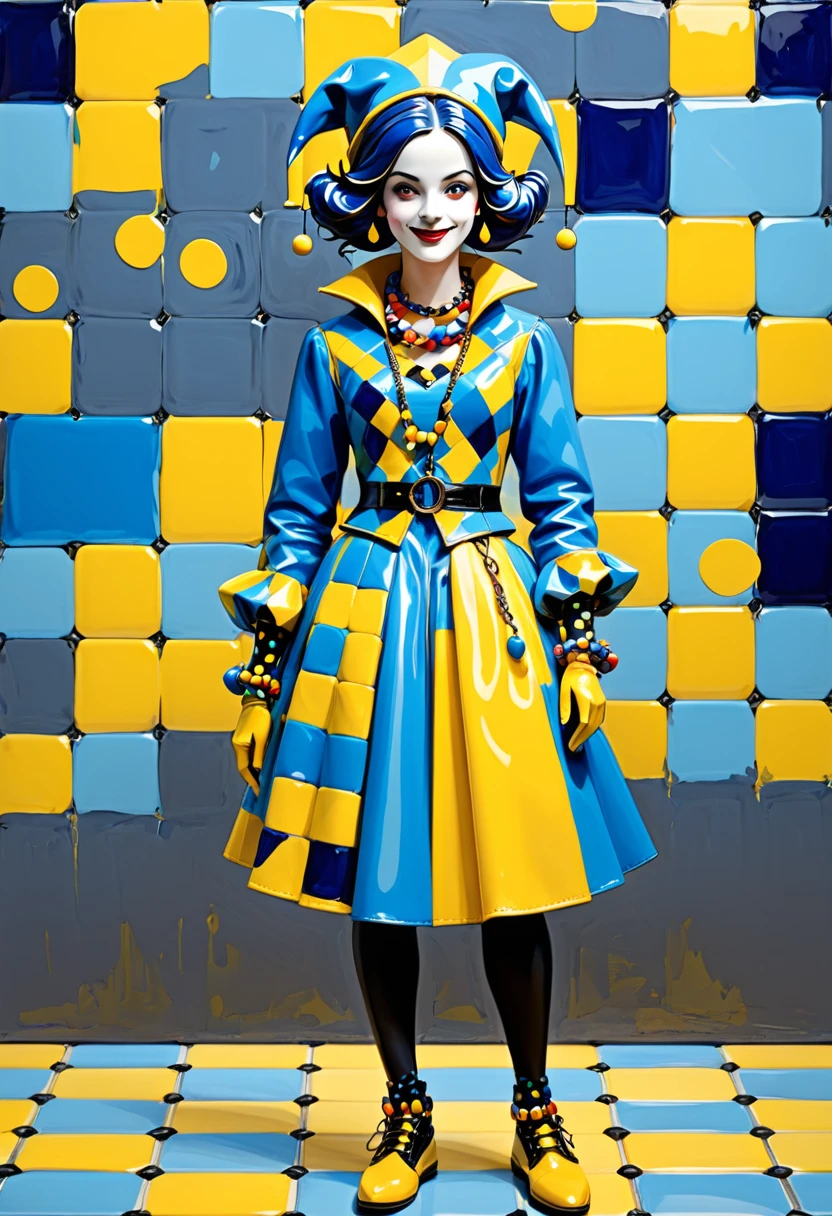 class character concept print, female, Gleeman, entertaining, colorful attire, jester-like, clever, lively, ceramic glaze, wool, expressionism style, Foreground, blue and yellow, chain link pattern, dot matrix effect, lacquered accents, cyclic, pebbled leather texture, lacquered finish <lora:artfully_QUILTEDFANTASY:1>,