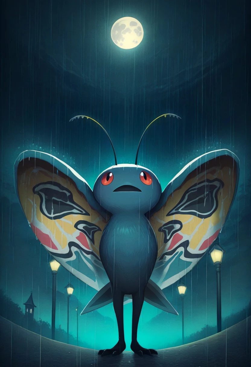 masterpiece, best quality, solo, looking at viewer, <lora:Mothman-illus_Fp:1>, mothman, pokemon \(creature\), no humans, wings, antennae, open mouth, standing, lamppost, moon, rain, looking up,