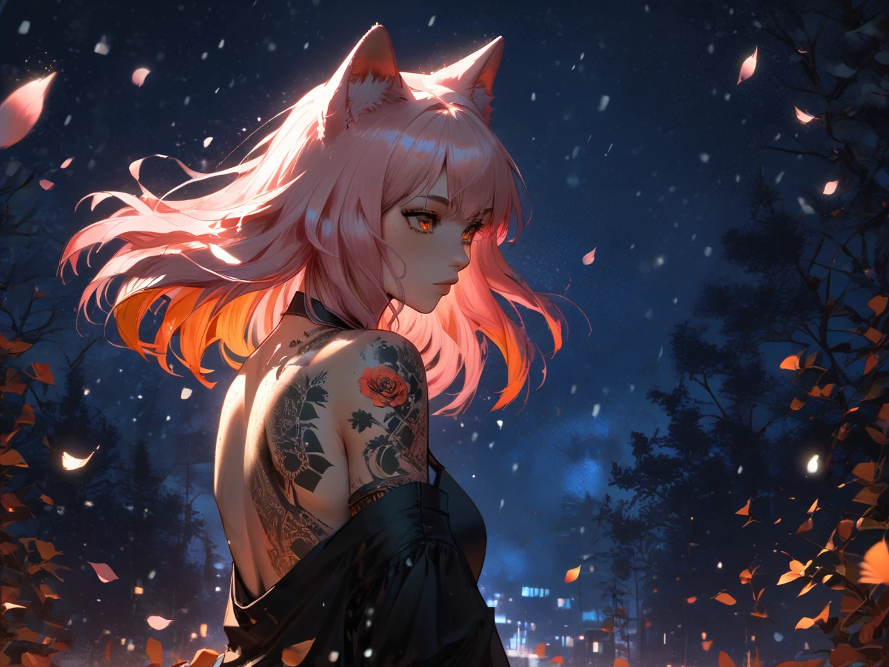 score_9, score_8, score_7, (masterpiece), best quality, Kharithi Style, Gritty, Bright, Dark Lighting, prosthetic right arm, falling petals, dog girl, snowing, lipstick, back tattoo, pink hair, orange eyes, night, colored inner hair, bangs