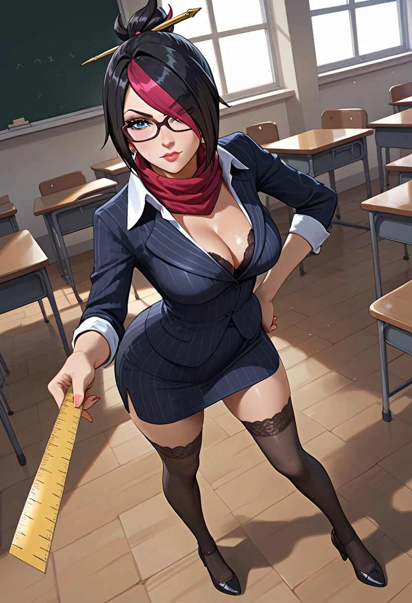 score_9, score_8_up, score_7_up, 1girl, classroom, fiora-headmistress, holding ruler, cleavage, black hair, hair over one eye, dress, glasses, pinstripe pattern, lace-trimmed legwear, black bra, headmistress, two-tone hair, single hair bun, hair ornament, neacklace, jewerly, streaked hair, multicolored hair, large breasts, mature female, blue eyes, pencil skirt, large breasts, zettai ryouiki, black thighhighs, red scarf, skirt, short hair, standing, dynamic angle, close-up, full body, globe, pointing globe with ruler, upper body