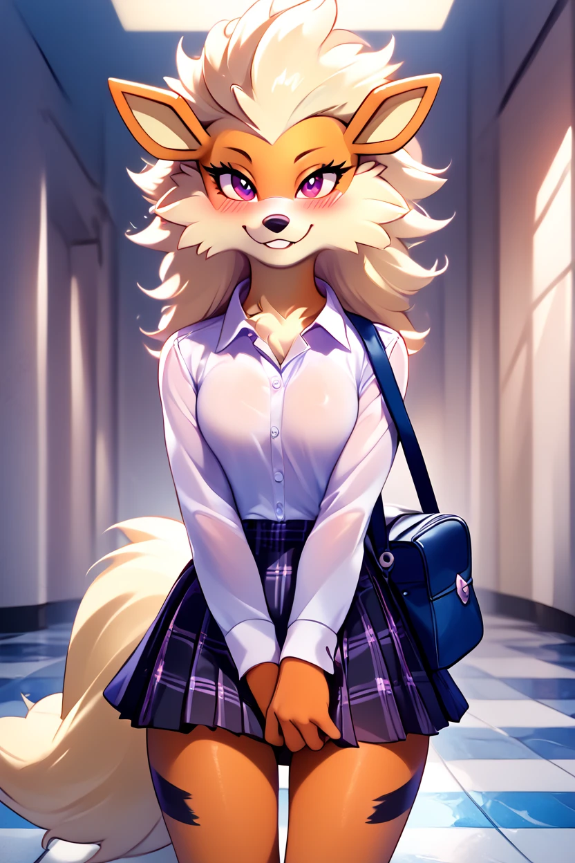 score_9, score_8_up, score_8,   ,,, , ,,,  zzArcanine, no humans, pokemon (creature), <lora:Arcanine_Pokemon_PDXL:0.8>,                                 ,,,, BREAK, closed mouth, alternate costume, smile, looking at viewer, collared shirt, blush, sweater, black skirt, eyelashes, long sleeves, sleeves past wrists, plaid skirt, shoulder bag, black bag, blurry, tile floor, pleated skirt, white shirt, cowboy shot, ,,, embedding:zPDXL, Expressiveh, ,,, <lora:Vivid:0.7>, <lora:LFashionPDXL:1>, <lora:Uncensored_PonyXL_cpt_v02.09:0.4>, <lora:Expressive_H-000001:0.4>,