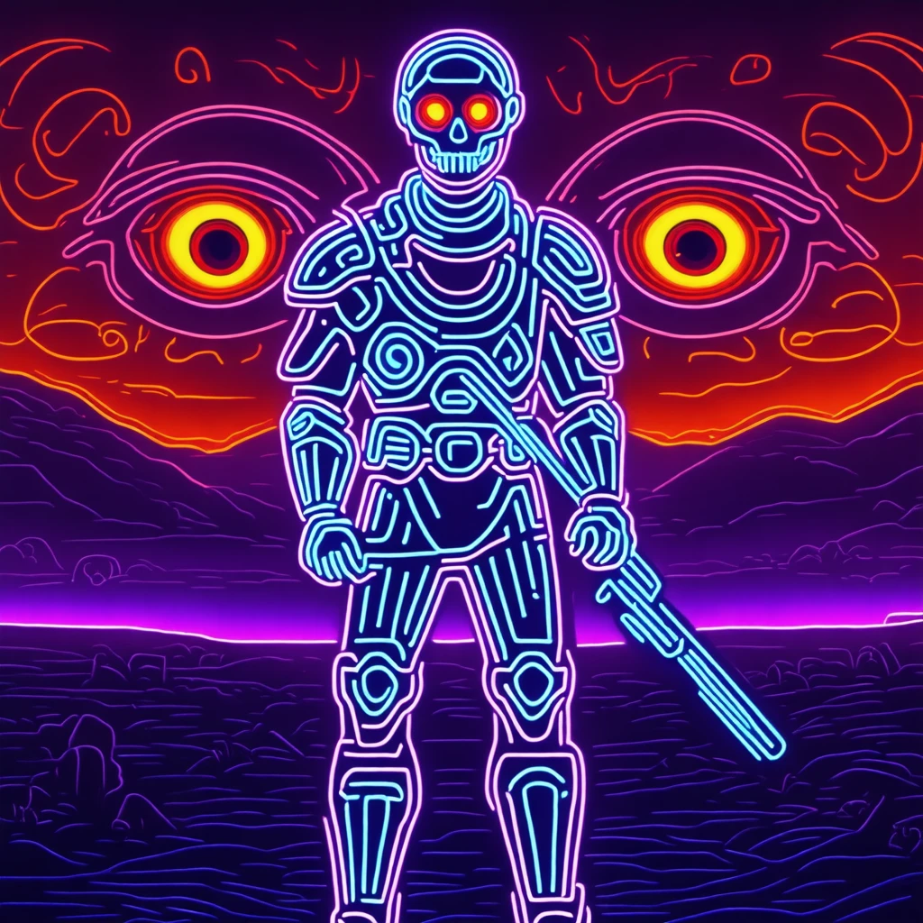 deigital neon, A humanoid figure stands in a desolate landscape at dusk or dawn, with large red eyes and an ominous presence looming behind them. The main subject is facing away from the viewer, providing no clear view of their features but showcasing detailed armor including shoulder guards and gauntlets. There are no visible vehicles; instead, the focus is on the character's solitary stance amidst a backdrop filled with eerie skulls and floating eyes.