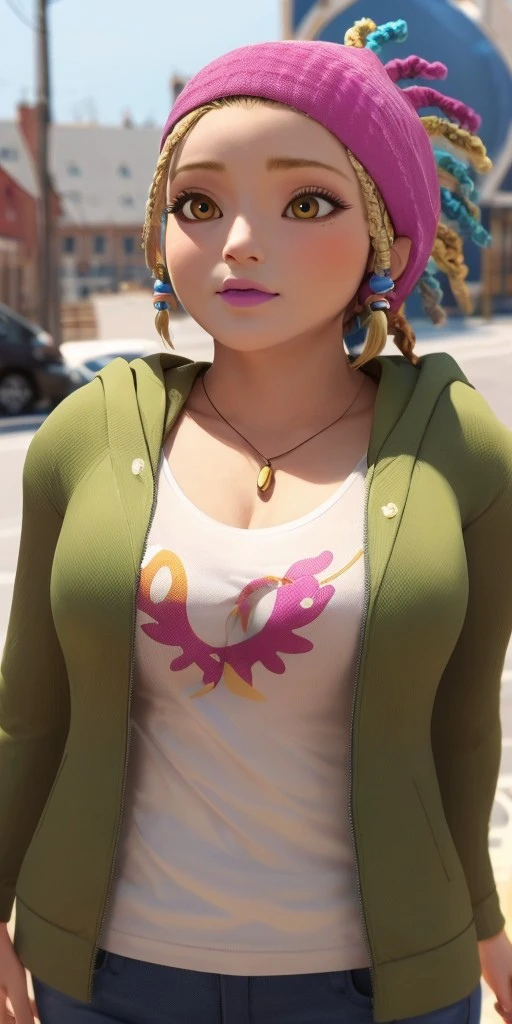 Hyperrealistic, photorealistic, super detailed, pink bandana, brilliant azure T-shirt, green jacket with a hood, pale magenta lipstick, honey blonde hair styled into colored dreadlocks, pale magenta lipstick, body like in real life, large pores, fair skin, quite short, chubby, beautiful arms, little breasts, unreal engine, octane render, droped shadow, bokeh, cinematic lighting, <lora:add_detail:0.5>, <lora:Volumetric_lighting:0.6>, Mylène Haprèle, , <lora:0a2937d1-de1c-498e-97f5-aa181e43b8bc:0.7>