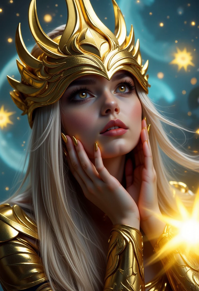 a close-up shot of an ethereal star woman with eyes body and face glowing like galaxies, she has gold eyes and long straight light blonde hair, she is surrounded by swirling, vibrant cosmic colors, vibrant star planet, ultra-detailed and photorealistic rendering, soft ambient lighting, starry nebulae in the background, dynamic and radiant color gradients, glowing reflections, cinematic composition, surreal and otherworldly atmosphere, intricate facial features, flowing hair infused with cosmic energy, luminous and ethereal, celestial radiance, soft yet detailed textures, otherworldly beauty. the girl is justicar syndra, she is wearing a gold ornate headpiece that resembles a helmet.
looking up, fingers to cheeks,