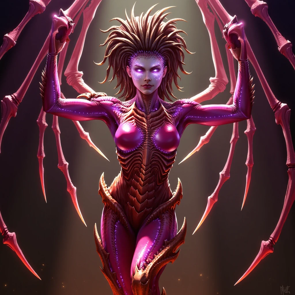 The image is a highly detailed, scifi artwork in a dark fantasy style. The central figure is a humanoid, demonic creature with an ethereal, otherworldly appearance. It has a muscular, athletic female body with a radiant, glowing skin that shifts between shades of pink, red, and gold, giving it a luminescent, almost fiery quality.,