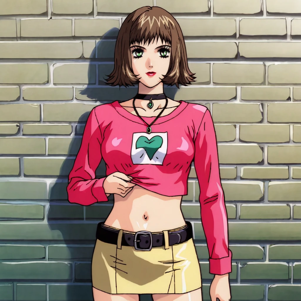 <lora:jungatchamanova_pony_v1:.8> Jun, 1girl, brown hair, midriff, skirt, choker, navel, crop top, belt, short hair, brown eyes, shirt, green eyes, jewelry, long sleeves, necklace, lipstick, makeup, cowboy shot