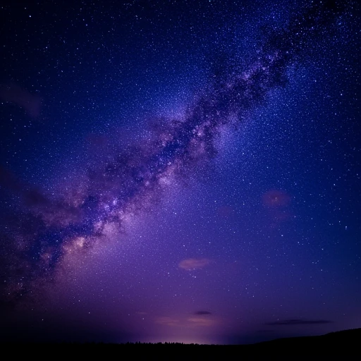 nighttime scene of the Northern Lights, dense band stretching diagonally across the center of the image, and dark purple. The Milky Way's core is more concentrated with stars, twinkling expanse. A prominent streak of light, creating a bright, and dark patches. The galaxy's core is a vibrant mix of blues, showcasing a dense cluster of stars and nebulae in varying shades of blue and purple. The sky transitions from a deep indigo at the top to a lighter shade of blue near the horizon.