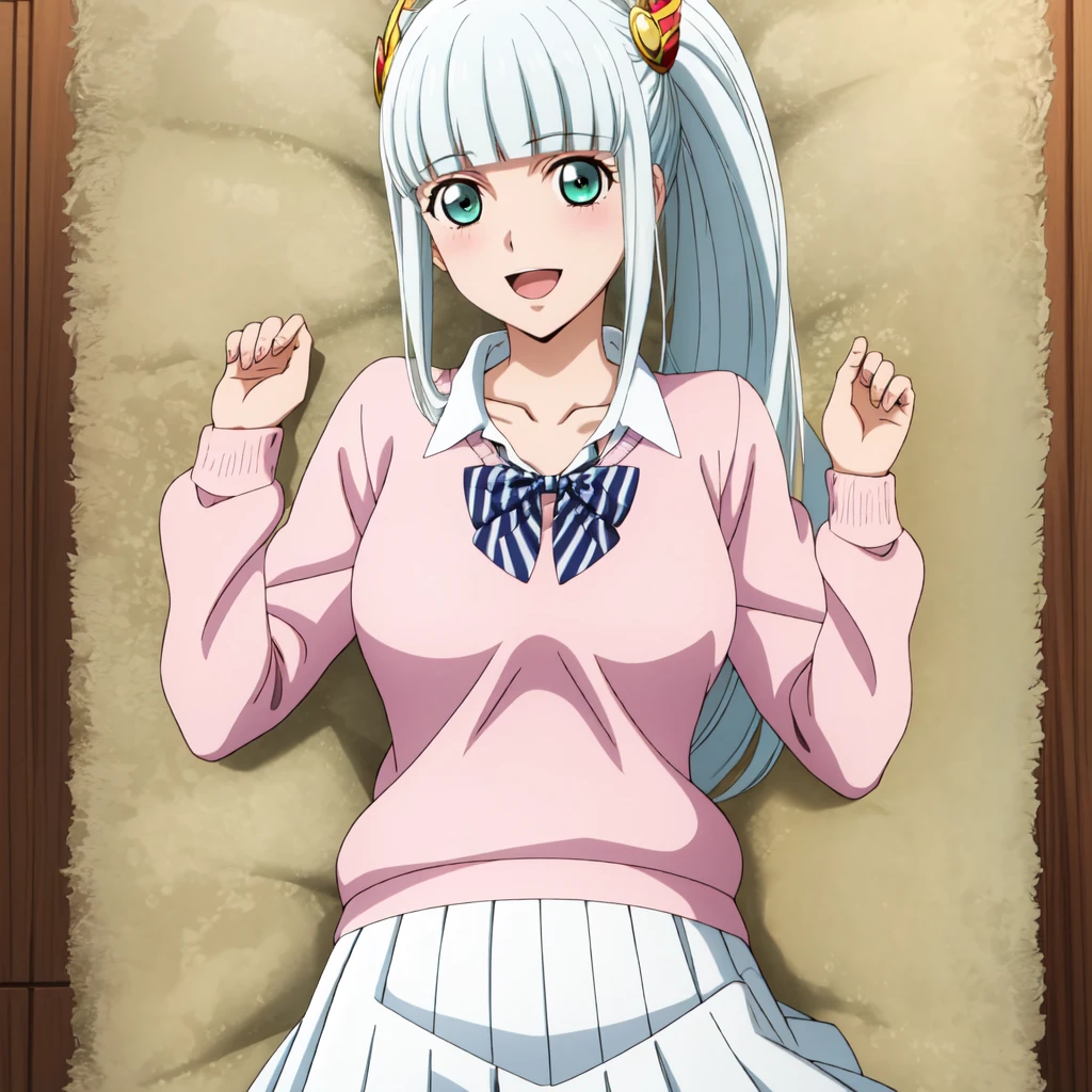 best quality, anime screencap, anime coloring, 1girl, solo, long hair, bangs, hair ornament, green eyes, ponytail, silver hair, sidelocks, blunt bangs, lailah_fethmus, skirt, shirt, long sleeves, bow, school uniform, collarbone, white shirt, pleated skirt, striped, collared shirt, red bowtie, dress shirt, white skirt, striped bow, striped bowtie, (pink sweater:1.3), smile, blushing, open mouth, lies back on a plush rug, head tilted, with a warm smile and inviting gaze