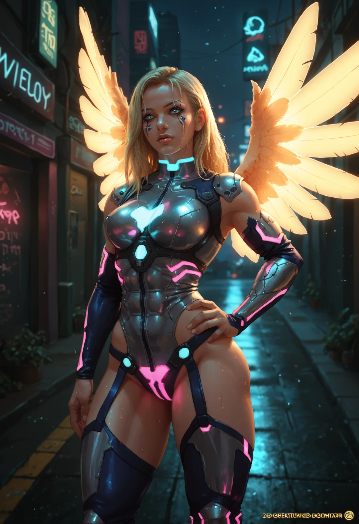 score_9,score_8,score_7_up ,solo, 1girl, tall, muscular female, blonde hair, Valkyrie armor, wings, makeup, neon glowing clothes, detached sleeves, vest, bodysuit, thighhighs, armpit, neon glowing intricate details, hand on hip, proud, volumetric lighting, pose, futuristic, cyberpunk, street, moist, particles, 5pr1nkl3 <lora:SPRINKLEPOOP_Style:0.8>