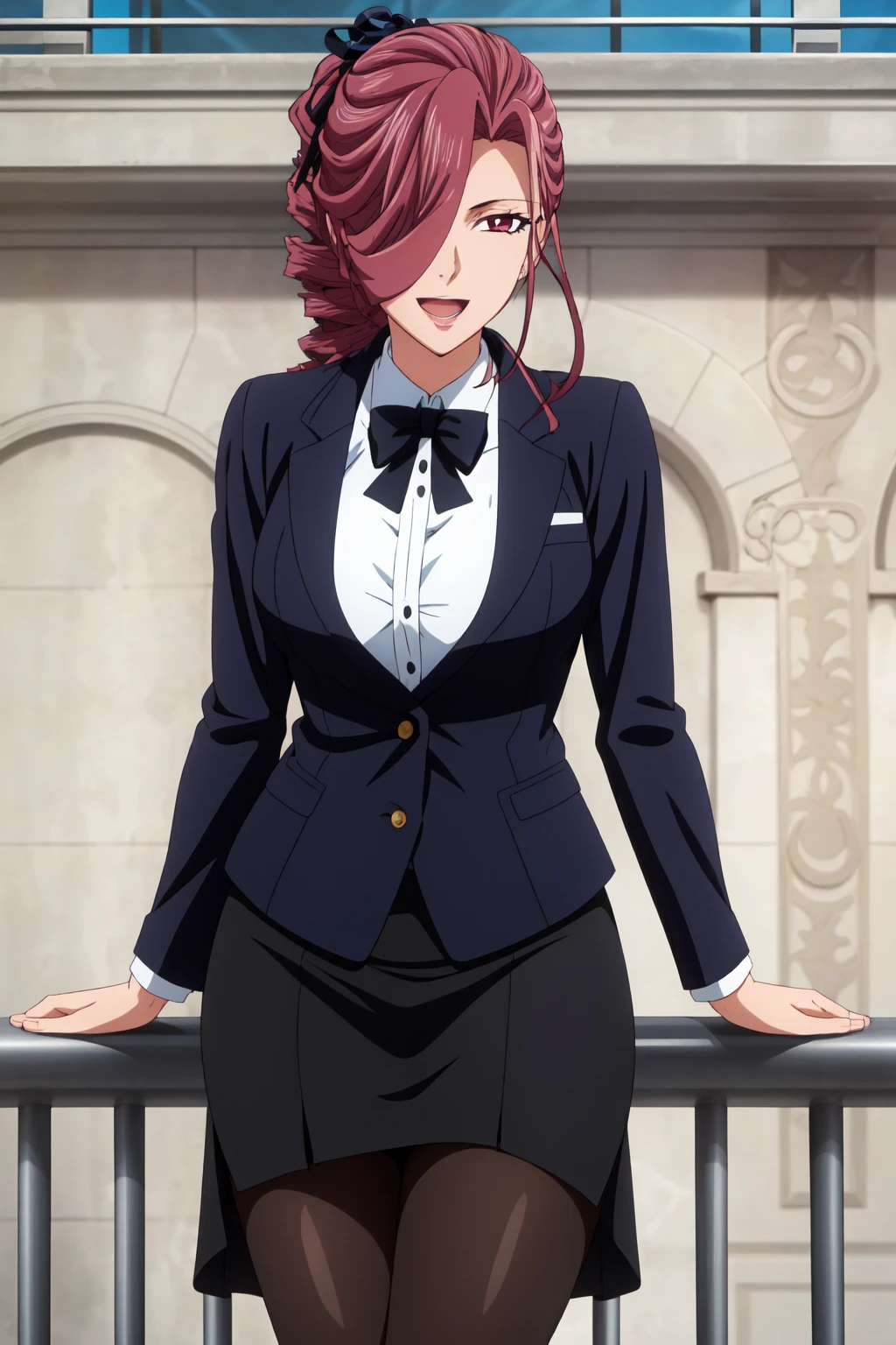 best quality, anime screencap, anime coloring, 1girl, solo, breasts, skirt, white shirt, black jacket, pantyhose, formal, suit, pencil skirt, office lady, skirt suit, hair ornament, pink eyes, magenta hair, hair over one eye, drill hair, long ponytail, long hair, maltran_v1, Leaning against a wrought-iron balcony railing, she overlooks a bustling European street with a sense of allure, smile, open mouth, matured women