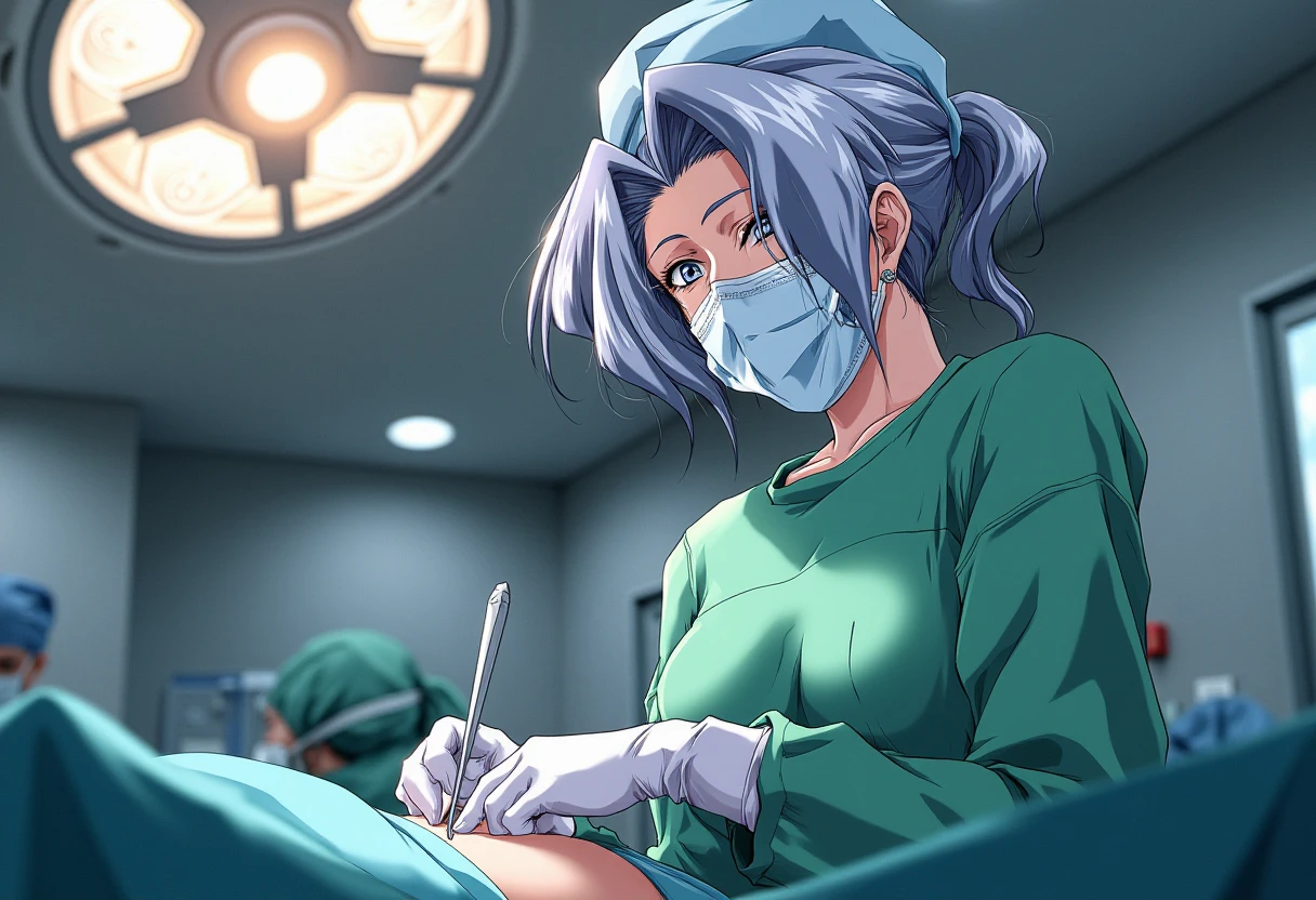 A detailed solo portrait of  midou emiko
Anime style, sharp, high contrast and highly detailed.,, 
<lora:innai_kansen_midou_emiko_flux_v2_4-000006:0.9>,, She is in the middle of performing surgery. She is wearing a fitted, full set of long-sleeved surgical attire, including a long-sleeved round neck surgical gown, a surgical cap that wraps around her hair, a surgical mask that fully covers her face except eyes, and gloves. The waist of the gown is tied tightly in a neat bow on the side. The scene captures her makes an incision with a scalpel, her hands steady and precise. The setting is a modern operating room with a clean and sterile environment. The background includes surgical equipment and an operating light overhead, emphasizing the intensity and skill required in the surgery. 
Make sure her hair is fully wrapped and covered by the surgical cap, and her face is fully covered by the surgical mask except for her eyes.