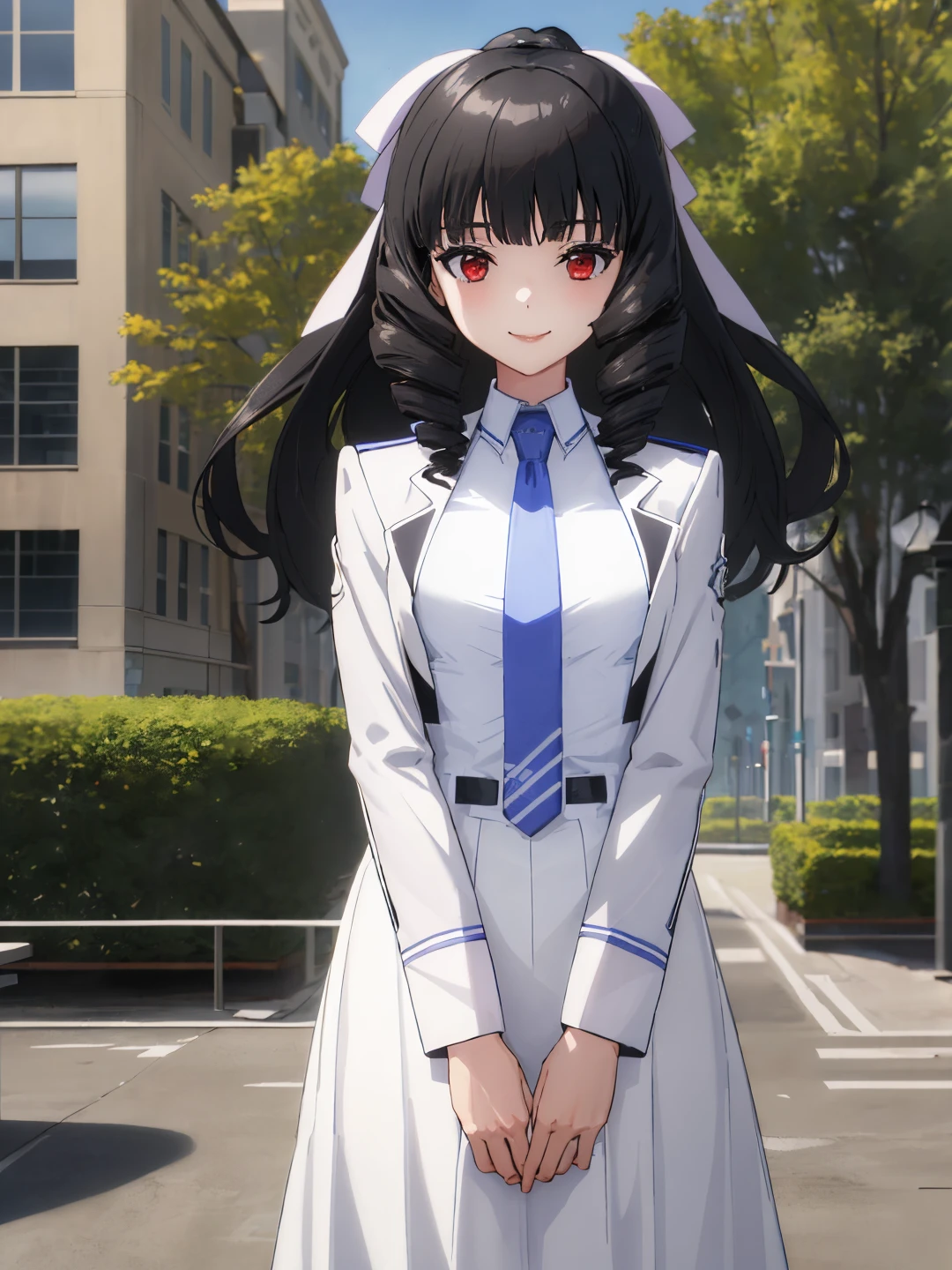 <lora:Kuroba_Ayako_0Rv9:0.7>
ayakoschool, black hair, long hair, drill hair, red eyes, white hair ribbon
fourth high school uniform, white jacket, white dress, (long skirt:1.2), (grey necktie:1.2), long sleeves
masterpiece, best quality, ultra-detailed, detailed, detailed skin, absurdres, 8k, digital art
1girl, solo, facing viewer, standing, looking at viewer, smile, standing, cowboy shot
(outdoors, park, city, building, tree, bush, flower bed, street, stone floor)