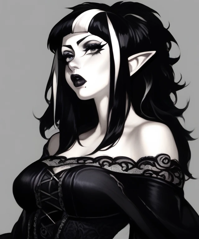 score_9, score_8_up, score_7_up, score_6_up, score_5_up, solo, female, elf, white skin, black hair, white highlights, long hair, blunt bangs, grey eyes, fully clothed, breasts, black dress, lace, off shoulder, eyelashes, eyeliner, mole, black lips, goth, pale, detailed, monochrome, portrait, grey background <lora:Trad_Goth_test:1.0> <lora:[GP] somethingweird [Pony XL]:1>