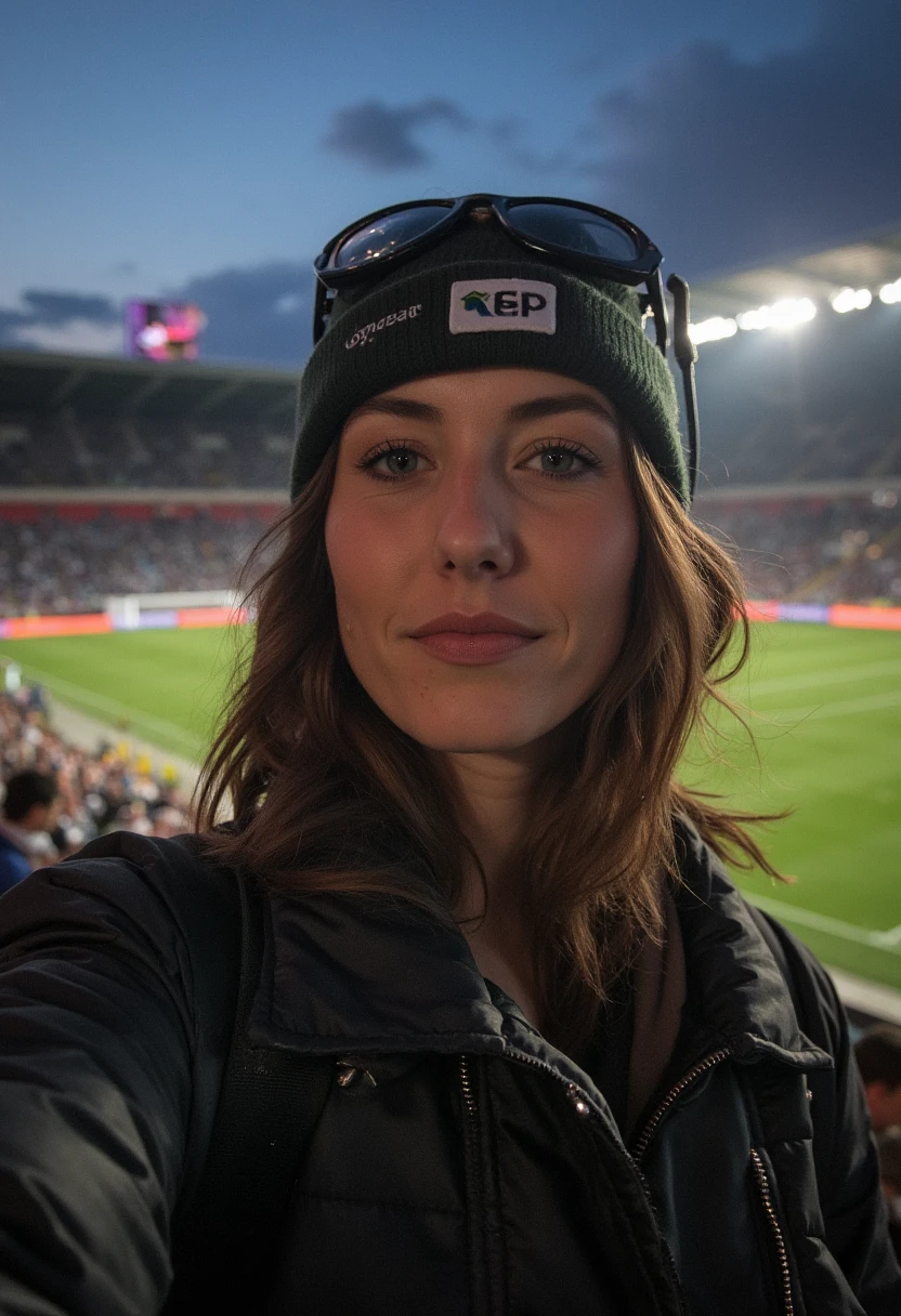 IMG_0101.jpg a selfie of laurapapendick, a woman, in a soccer stadium late in the evening.