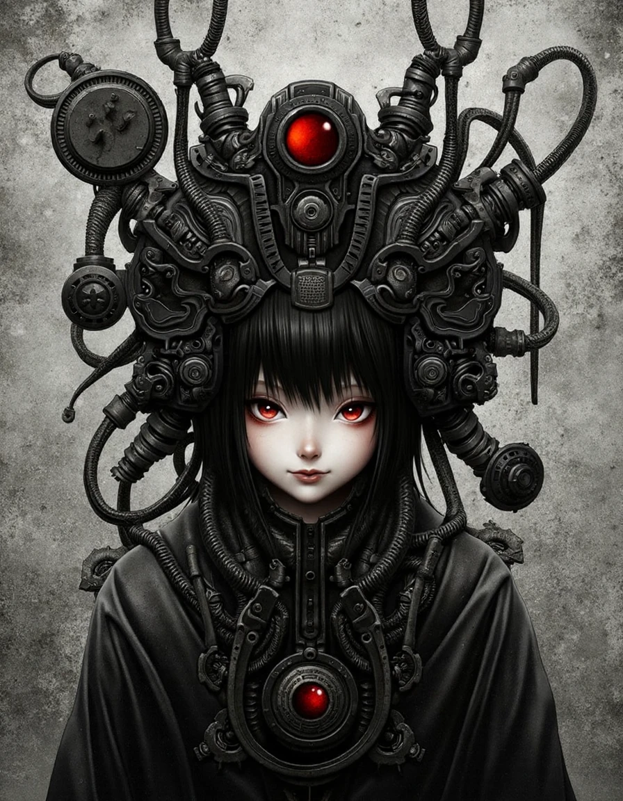 digital artwork in a dark, cyberpunk style. The central figure is a young, androgynous character with pale skin, red eyes, and black hair. They are surrounded by intricate, mechanical gears and wires, resembling a steampunk aesthetic. The character's expression is neutral, and they wear a large, complex headpiece with multiple gears and a red orb. The background is a textured, monochromatic gray, adding to the industrial feel. The overall mood is intense and mysterious, with a strong focus on the interplay between organic and mechanical elements.
 <lora:shichigoro2:1>