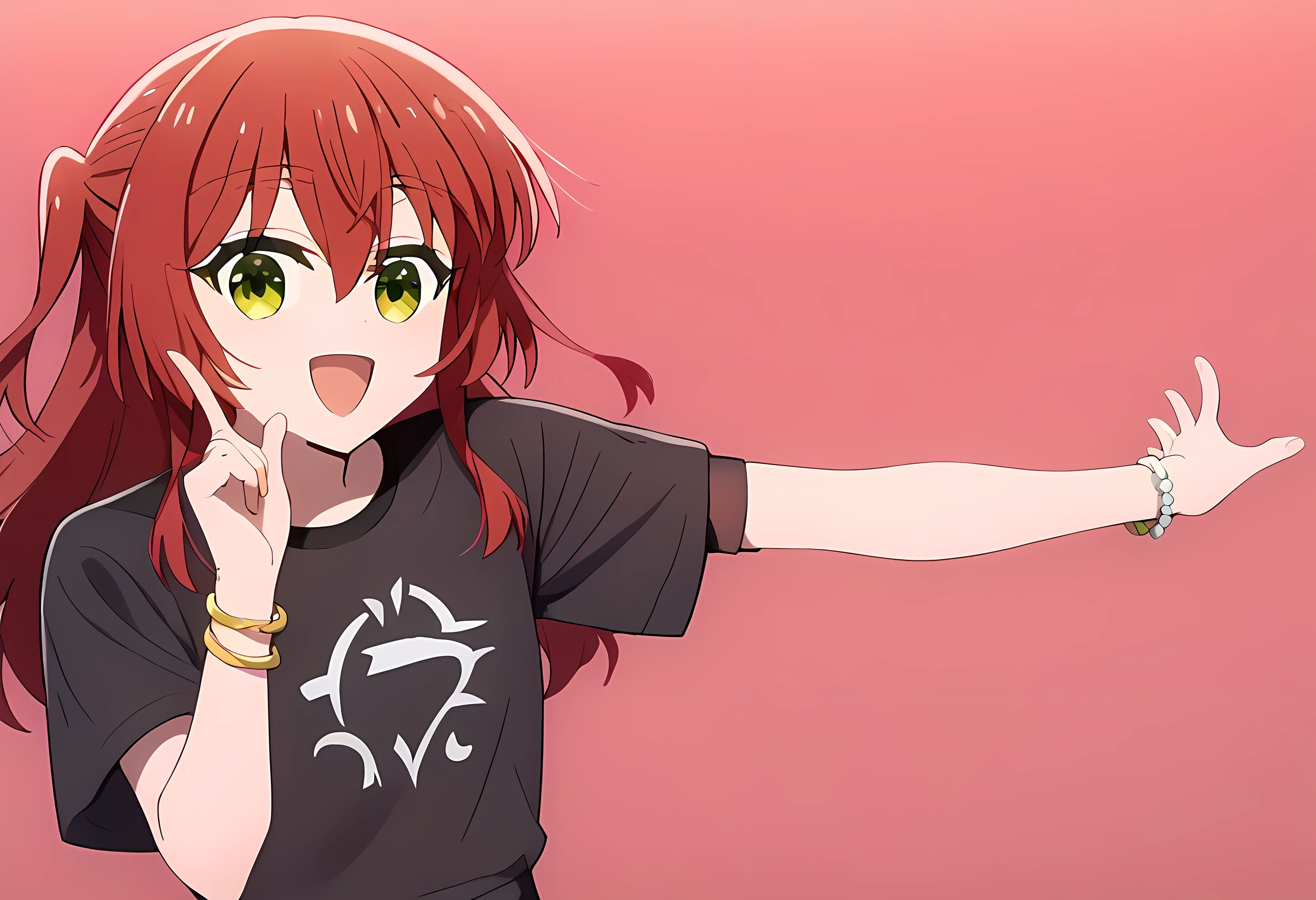 score_9, score_8_up, score_7_up, 1girl, solo, ikuyo kita, green eyes, hair between eyes, long hair, one side up, red hair, black skirt, black shirt, t-shirt, skirt, merchandise, jewelry, bracelet, smile, doodle dance, pointing