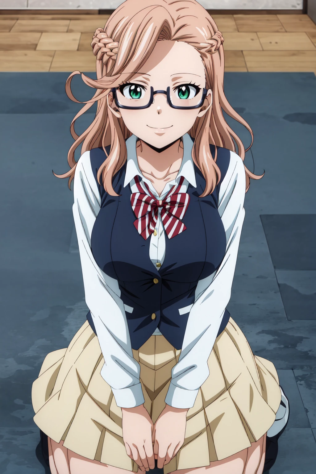 best quality, anime screencap, 1girl, solo, long hair, breasts, green eyes, braid, glasses, french braid, crown braid, anime coloring, light brown hair, karameel_v1, breasts, skirt, shirt, long sleeves, bow, school uniform, collarbone, white shirt, pleated skirt, striped, collared shirt, red bowtie, dress shirt, white skirt, striped bow, striped bowtie, brown vest, looking at viewer, smile, kneeling