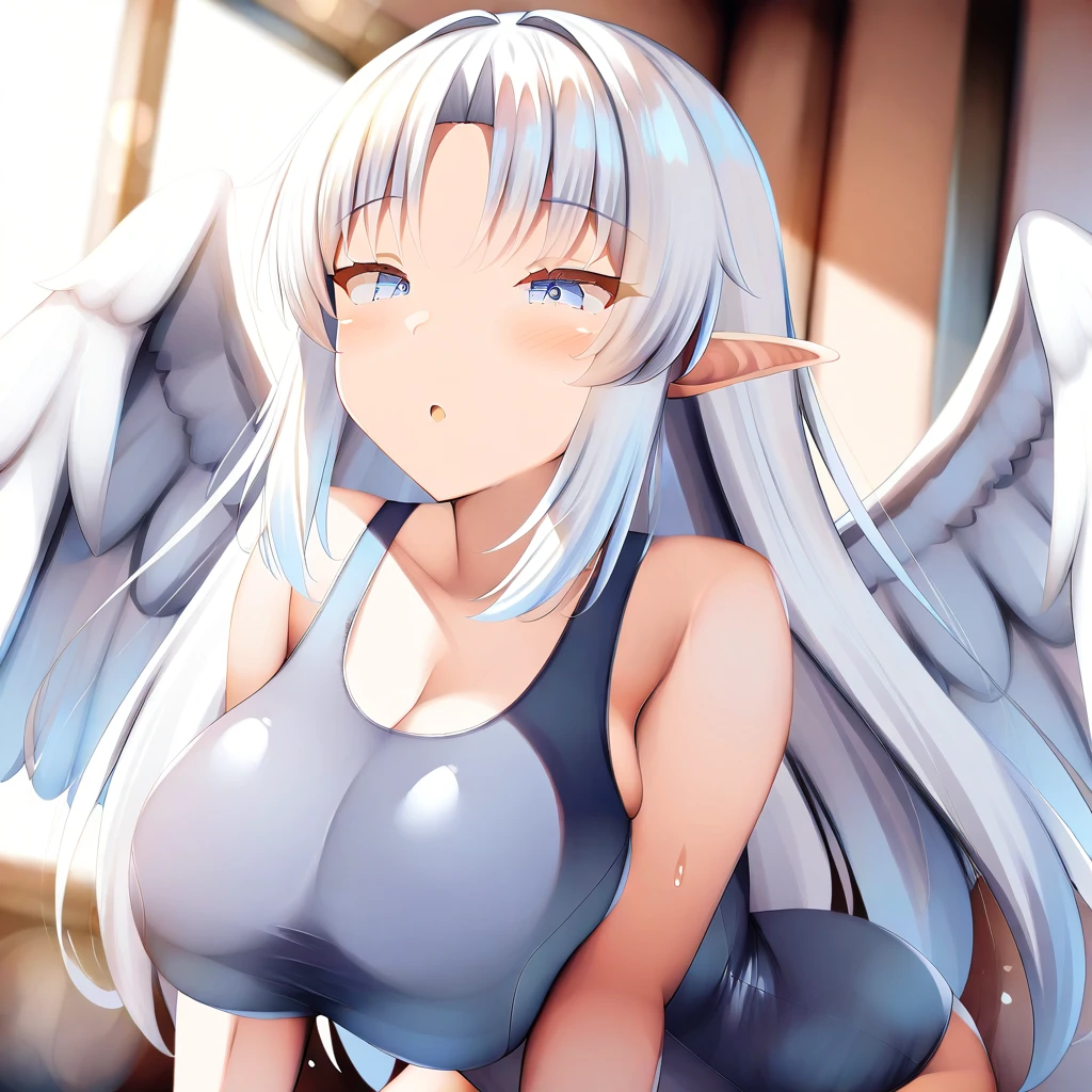 1girl, artist renetan, artist belko, artist sayori \(neko works\), artist gin'you haru, artist donedone, general, best quality, amazing quality, very aesthetic, absurdres,, blue school swimsuit <lora:MGQ_Victoria:0.9> white long hair, blue eyes, pointy ears, angel wings, large breasts