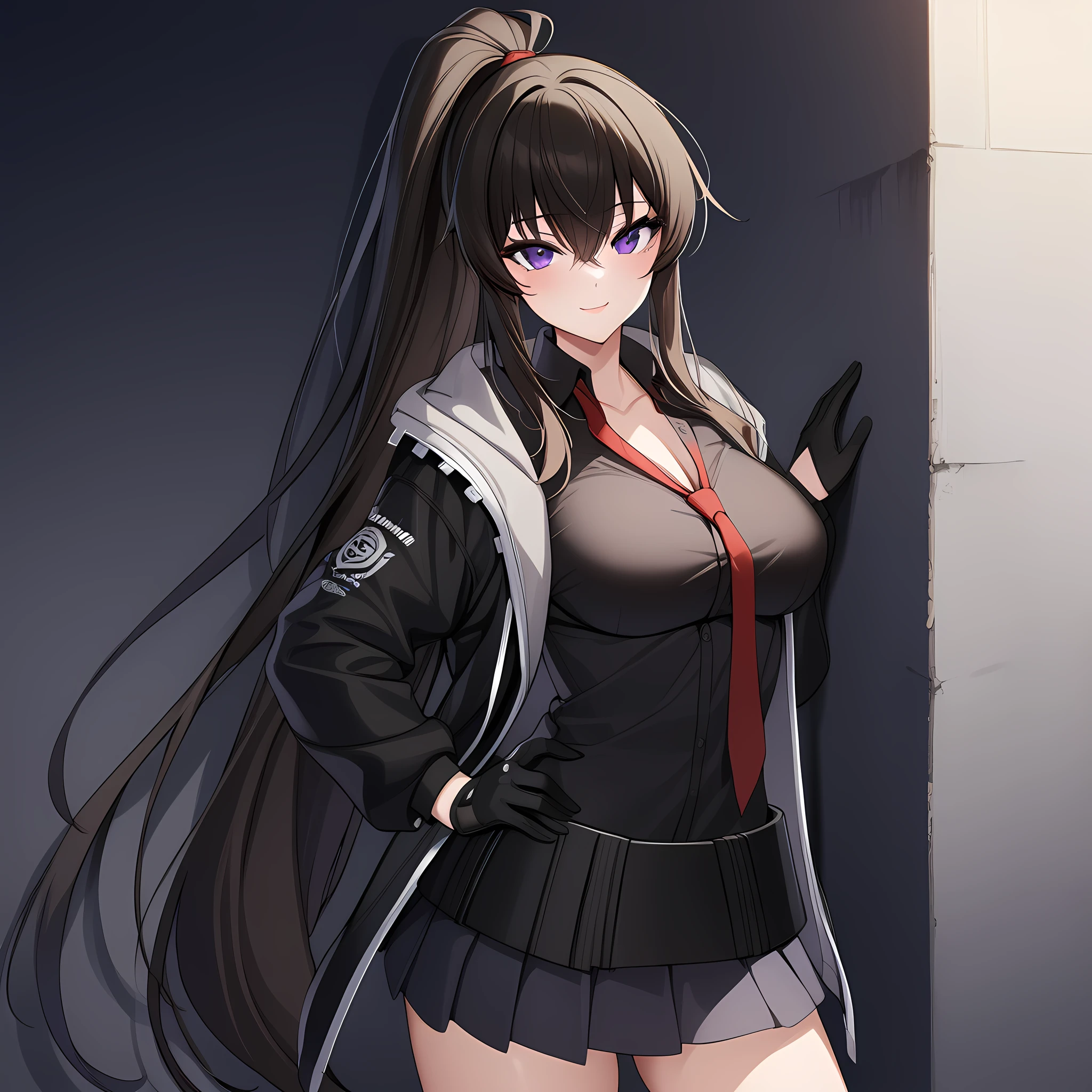 yoo_mina, 1girl, solo, long hair, purple eyes, gloves, necktie, black gloves, ponytail, skirt, jacket, shirt, portrait, upper body, very long hair, black jacket, open clothes, black shirt, black footwear, leaning on the wall, dark alleyway background, looking at viewer, hands on hip, seductive smile, <lora:Yoo_Mina:1>, (masterpiece),(best quality),(ultra-detailed),(best illustration),(best shadow),(absurdres),(detailed background),(very aesthetic),