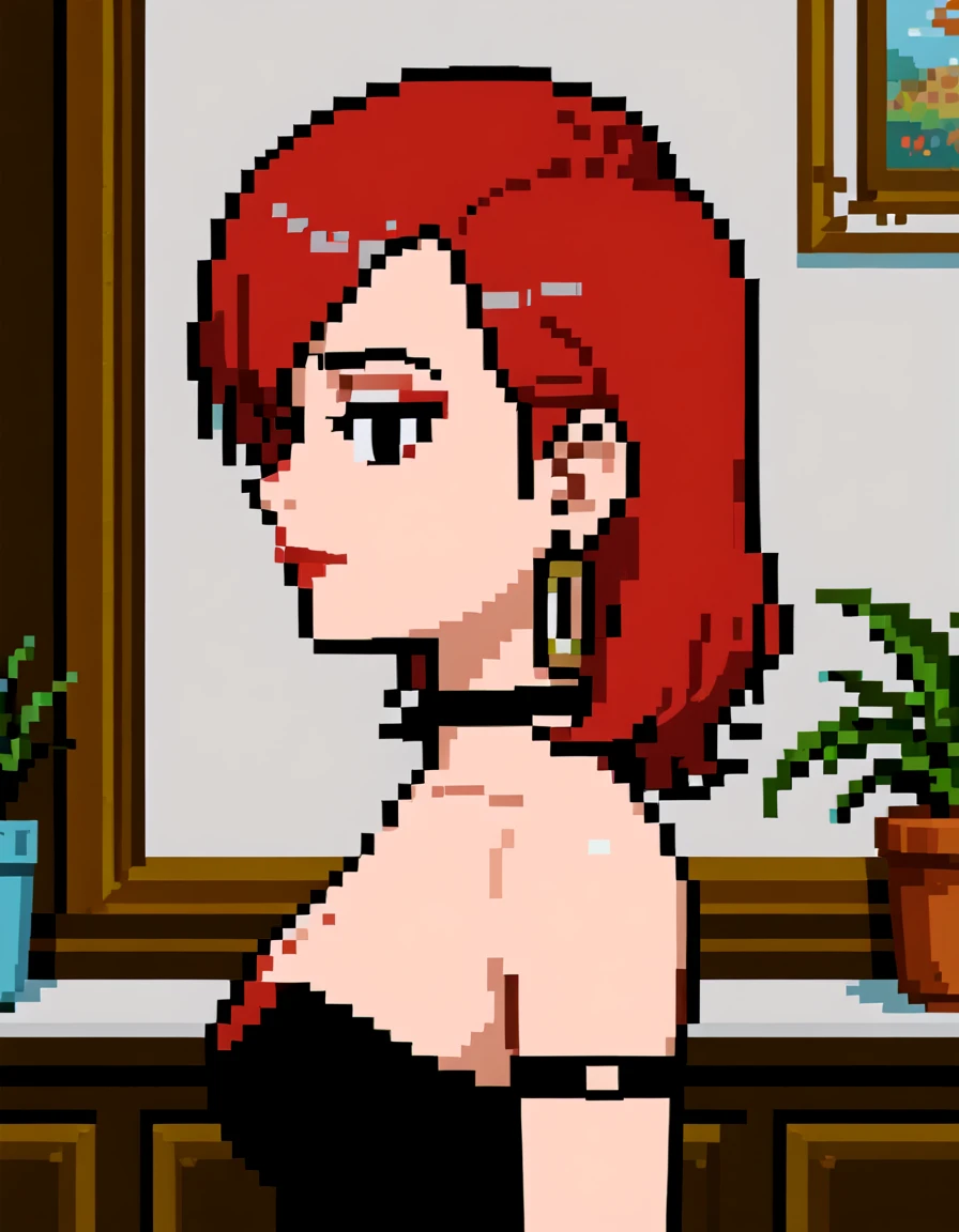 <lora:PonyXL - Razor - Maniac Mansion - 1990 - Epoch 8:0.75>, pixelart, MM_Razor, 1girl, red hair, swept bangs, straight hair, razored hair, medium hair, asymmetrical hair, black eyes, breasts, cleavage, punk, jewelry, single hoop earring, makeup, red lipstick, black choker, black dress, slit dress, bare shoulders, shoulders, neck, face, indoors, looking at viewer, facing forward, close up, portrait, face focus, profile picture,, source_cartoon, score_9, score_8_up, score_7_up, score_6_up, score_5_up, score_4_up,