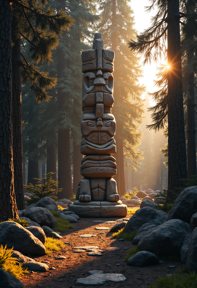 tribal style image of totem face among trees and stones at sunrise time with sunlightbeames on trees in the background digital painting by cj art studio for sale at website art director, ,Ancestor_Statue, <lora:Ancestor_Statue:1>, cinematic lighting, glossy paper, iso150,  35mm, score_9, score_8_up, score_7_up,  intricate details, Hyperrealism style, 3d, concept-art, dreaminess, psychedelic, shallow-depth-of-field, cinematic lighting, soft bokeh, very beautiful composition, Unreal, real-time 3D, Epic Games style, Unreal Engine style, 3d-rendering, vibrant contrast  depth and shadow enhanced using (Gaussian blur) for a soft background focus, (sharpen filter) applied, (color grading) to enhance contrast between warm and cool tones, (noise reduction) for a smooth, clean finish, (HDR toning) used for extra depth and detail, highly detailed dreamy background detailed skin texture, subsurface scattering award-winning, professional, highly detailed . dreamlike, mysterious, provocative, symbolic, intricate, detailed, hyper-detailed, masterpiece, award winning, midjourneyv6.1