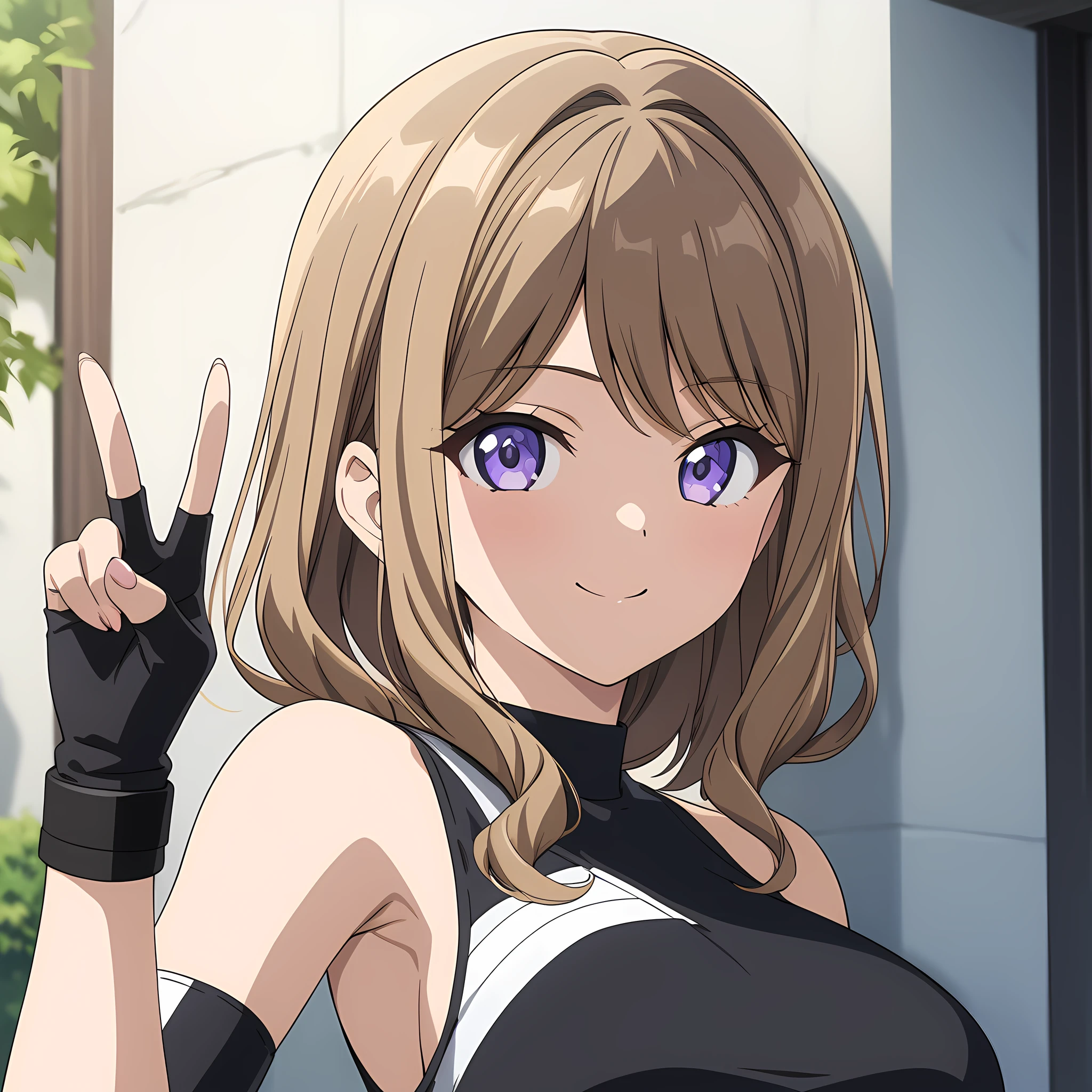 suminoe_shion, light brown hair, purple eyes, large breasts, bangs, black shirt, black sportswear, bare shoulder, knee guard, fingerless gloves, smile, standing, from the front, upper body view, v sign, portrait, anime coloring<lora:XL-SuminoeShion:1>, (masterpiece),(best quality),(ultra-detailed),(best illustration),(best shadow),(absurdres),(detailed background),(very aesthetic),