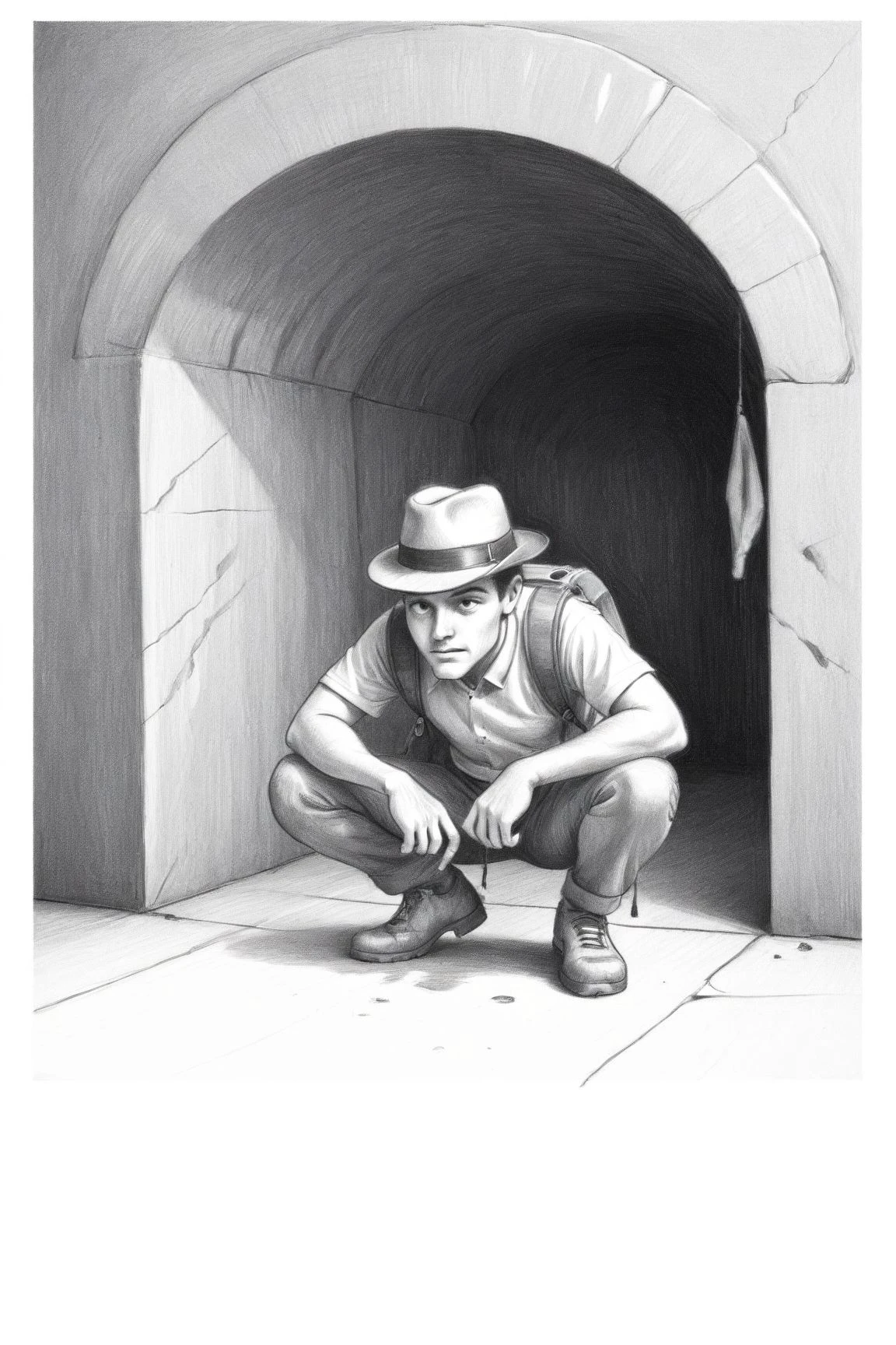 1 male  adventurer ,  crouching hat, backpack 
deep in the cave 
treasures , зlacer of diamonds, treasure boxes,  jewelries ,