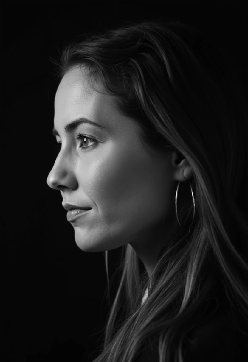 a black and white face profile photo of laurapapendick, a woman. The background is black.