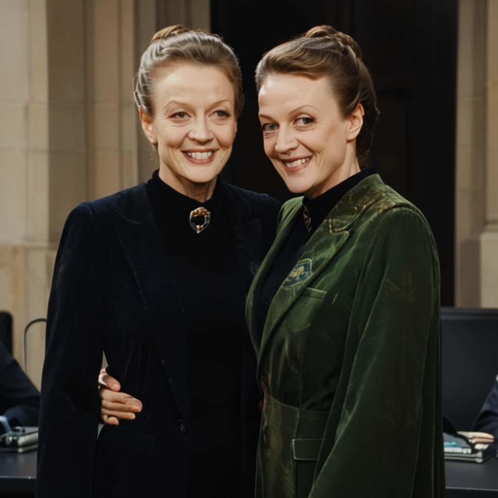 Minerva McGonagall wearing Balenciaga blazer jacket, star wars space docking station, she is standing next to the Millenium Falcon, happy, glad, smile, smiling,