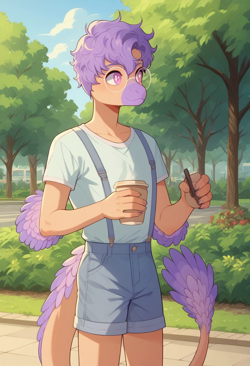 score_9, score_8_up, score_7_up, score_6_up, score_5_up, score_4_up, Sage, violet hair, arm feathers, 1boy, glasses, suspenders, overall shorts, tail, outdoors, park, cofee, holding coffee, light shading