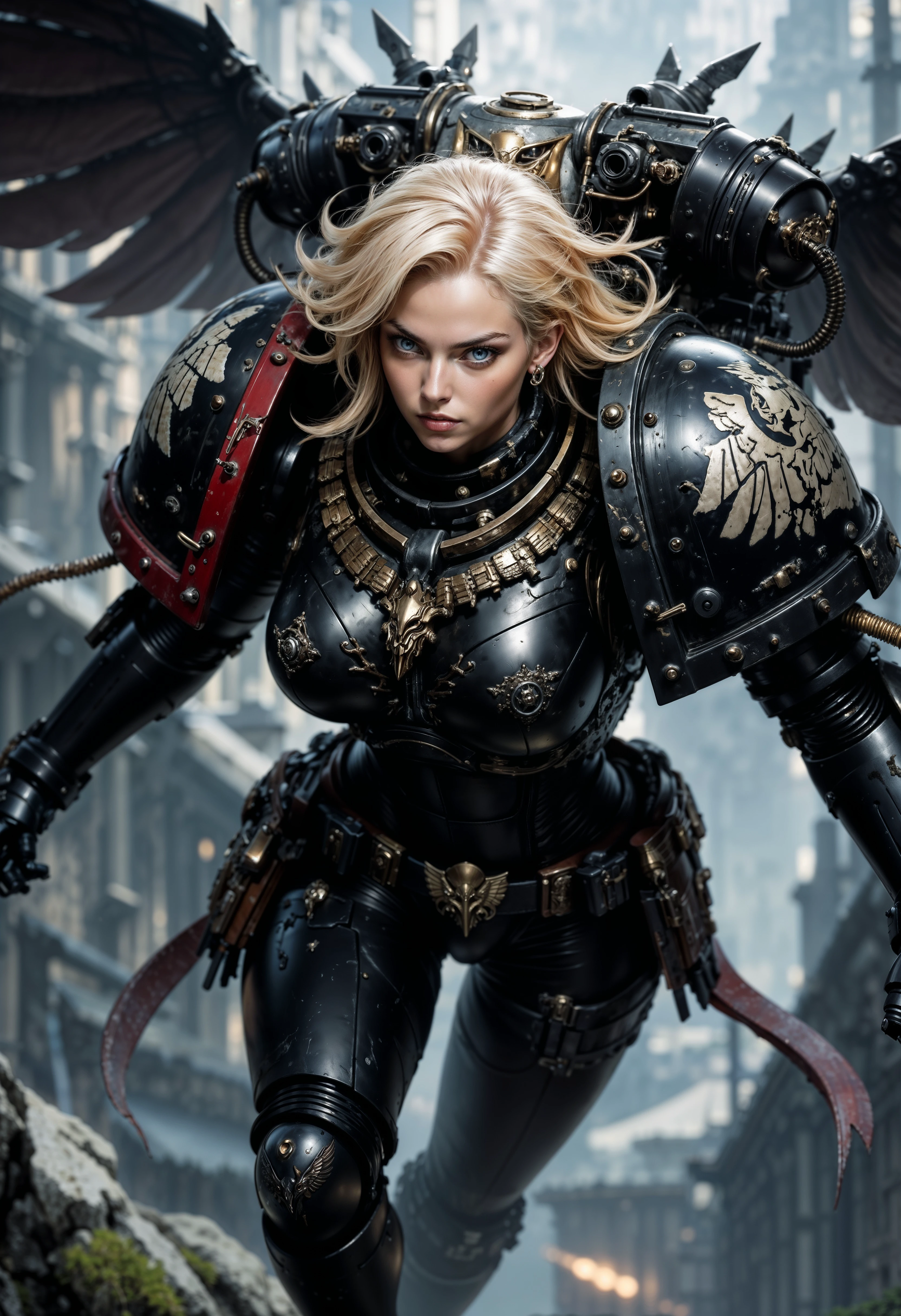 detailed portrait, masterpiece, RavenG40k, 1girl, solo, wearing black power armor, midriff, blonde hair, flying, hovering, air, jetpack, dynamic angle, creating a mystical and adventurous atmosphere, directional lighting, masterpiece, perfect composition, perfect hands, cowboy shot, <lora:FluxRavenG40k:0.9> <lora:FluxMythP0rtr4itStyle:0.6> mythp0rt,