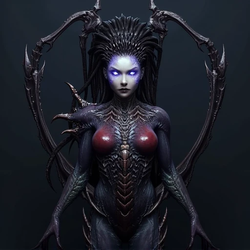 fantastical digital artwork in a dark fantasy style. The central figure is a humanoid, almost black tone, adding to the alien-like appearance., almond-shaped eyes with a deep purple hue, This digital artwork, humanoid creature with a blend of human and insectoid features. The subject is a female figure with a slender, metallic details., glowing blue eyes., alien appearance. Her skin is a deep