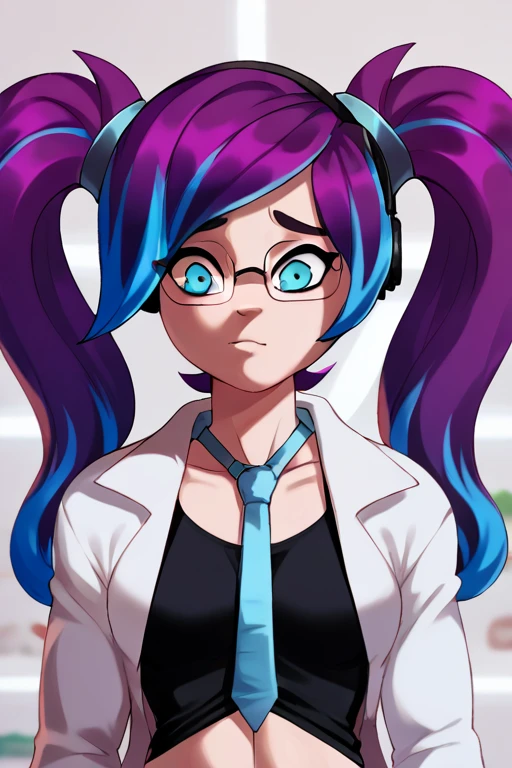 2D, score_9, score_8_up, score_7_up, BREAK, 1girl, solo, GlitchProdBo, Purple Hair, Blue Highlights,Twintails, Blue Eyes, Glasses, headphones,White Labcoat, Black Croptop, Blue Tie, White Shorts, black thighhighs, portrait