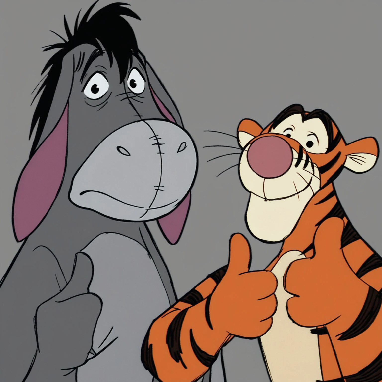 Score_7_up, score_8_up, retro art style, two characters, different characters, upper body, 
BREAK,
2boys, (tigger, tiger, pink nose, stripes), (eeyore, donkey, grey fur, black hair), (both hands up, thumbs up:1.2), looking at viewer, simple background,