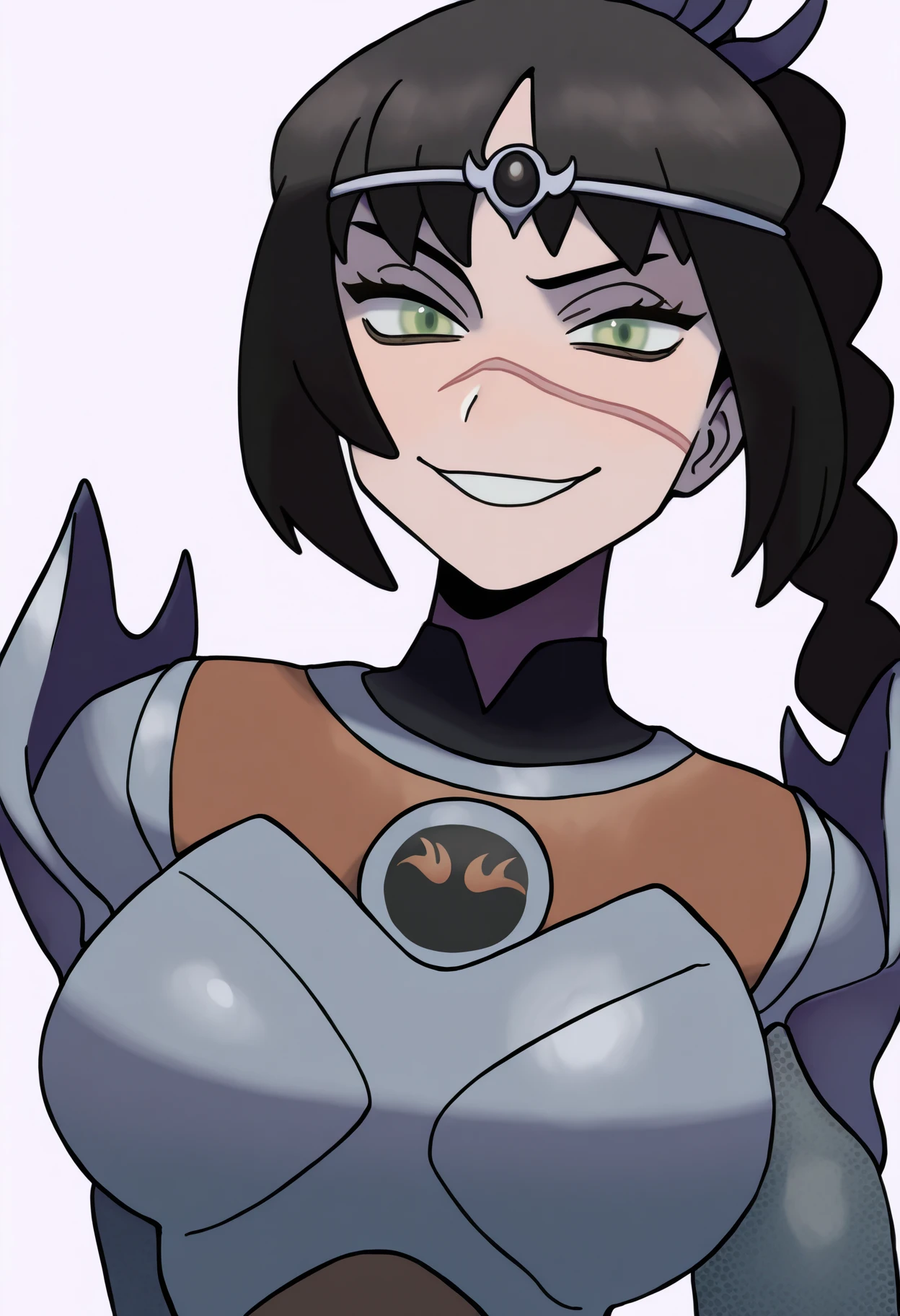 sugimori ken,
best quality, amazing quality, very aesthetic, absurdres,
1girl, solo, shadowheart, black hair, braided ponytail, green eyes, scar on face, circlet, armor, large breasts,
horny smile, looking at viewer, upper body, simple background, white background   <lora:ShadowHeartIllustrious_byKonan:0.7>   <lora:KenSugimoriIllustriousLocon_byKonan:1>