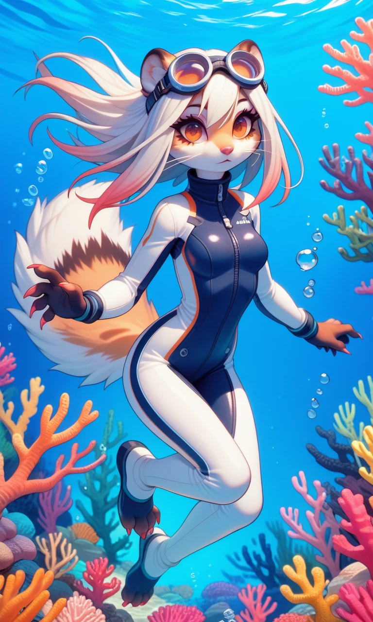 score_9, score_8_up, score_7_up, UWWT1, round ears, body fur, gradient hair, eyeliner, small claws, radiant eyes, diving suit, coral, underwater, goggles