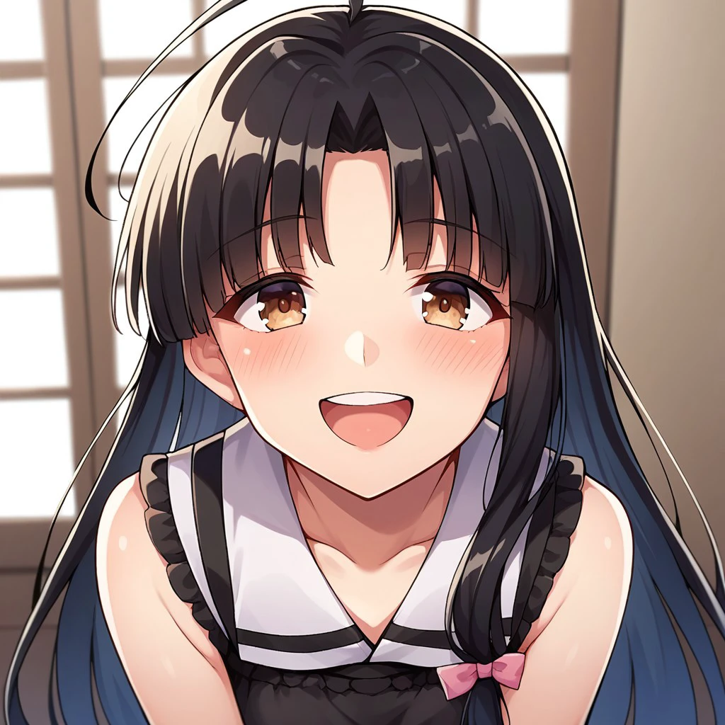 score_9, score_8, score_7, source_anime, shouhou (kancolle), tress ribbon, black skirt, POV, looking at viewer, blush, smile, open mouth, upper teeth only