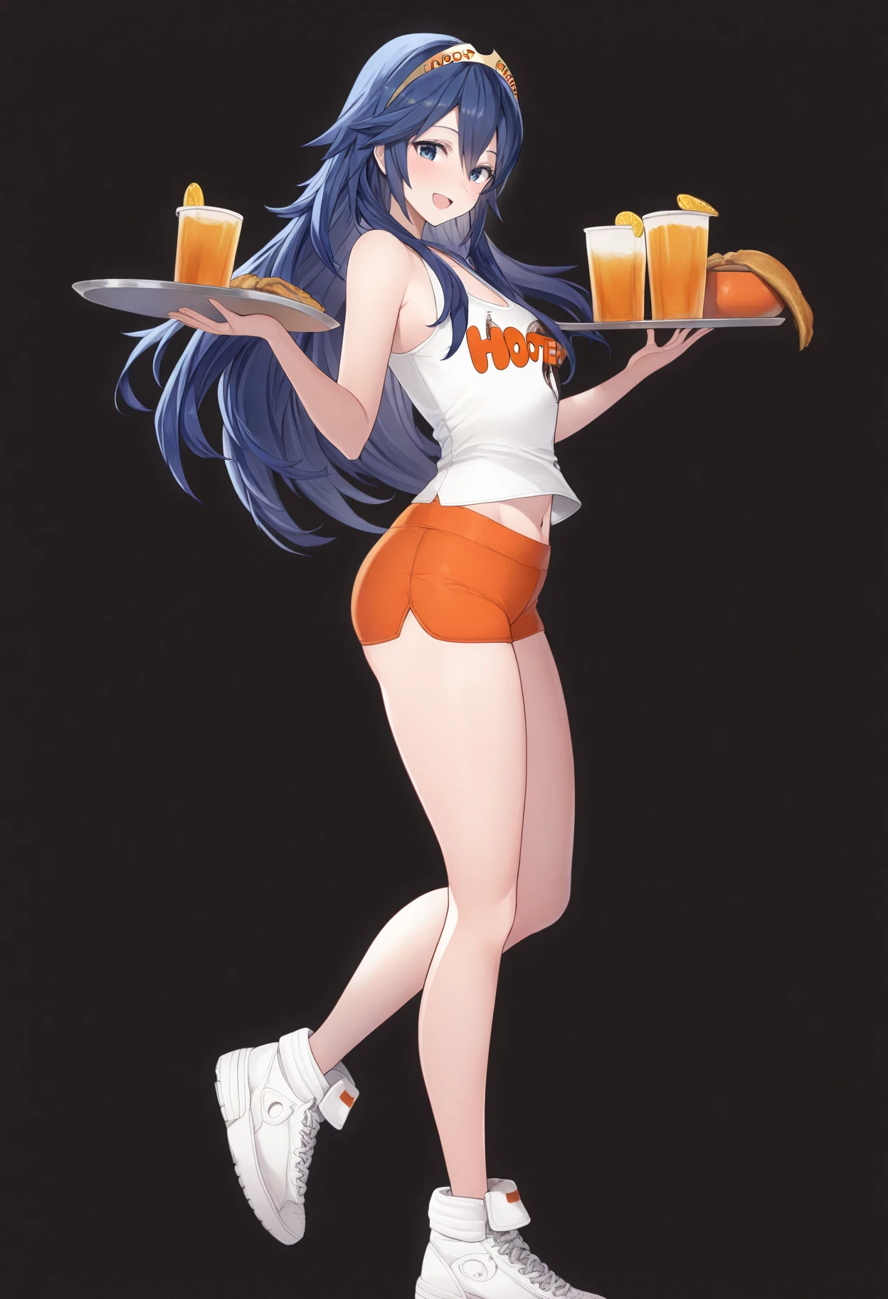 masterpiece, best quality, 1girl, solo, <lora:feh-style-richy-v1_ixl:1> fehdef, full body, standing, black background, looking at viewer, :D, looking to the side, lucina \(fire emblem\), hooters, orange shorts, tank top, navel, midriff peek, holding tray, smile, looking at viewer, thighs, white shoes