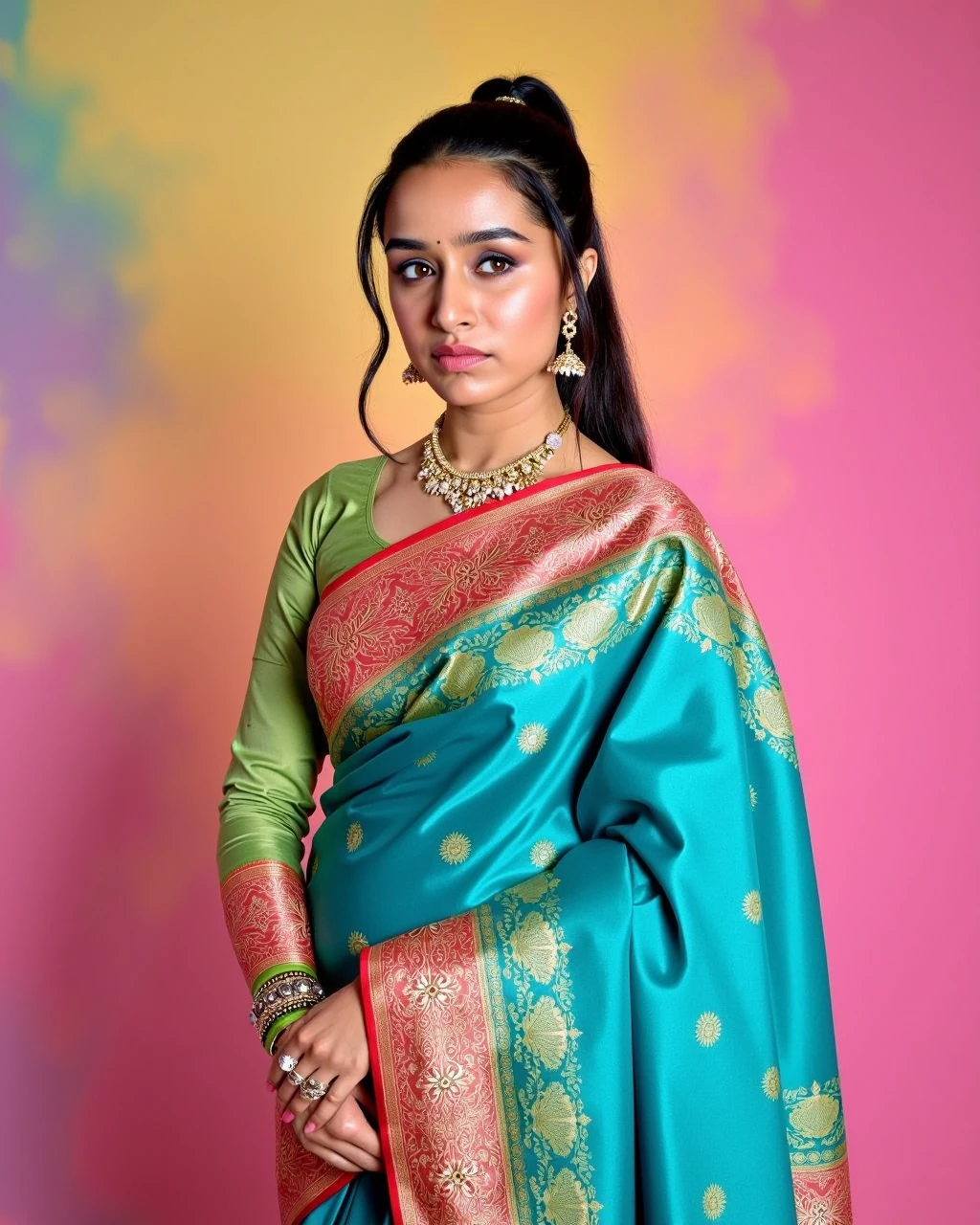 full body photo of a Shraddha Kapoor woman,candid photo with natural colors, serious expression on face,studio quality, wearing intricate conservative long sleeved Cyan Banarasi Silk Saree, high ponytail, pastel shaded multicolored background, cinematic soft lighting<lora:TestBed\Shraddha_Kapoor_2024_Flux_Kohya_V1.safetensors:1.0:1.0>