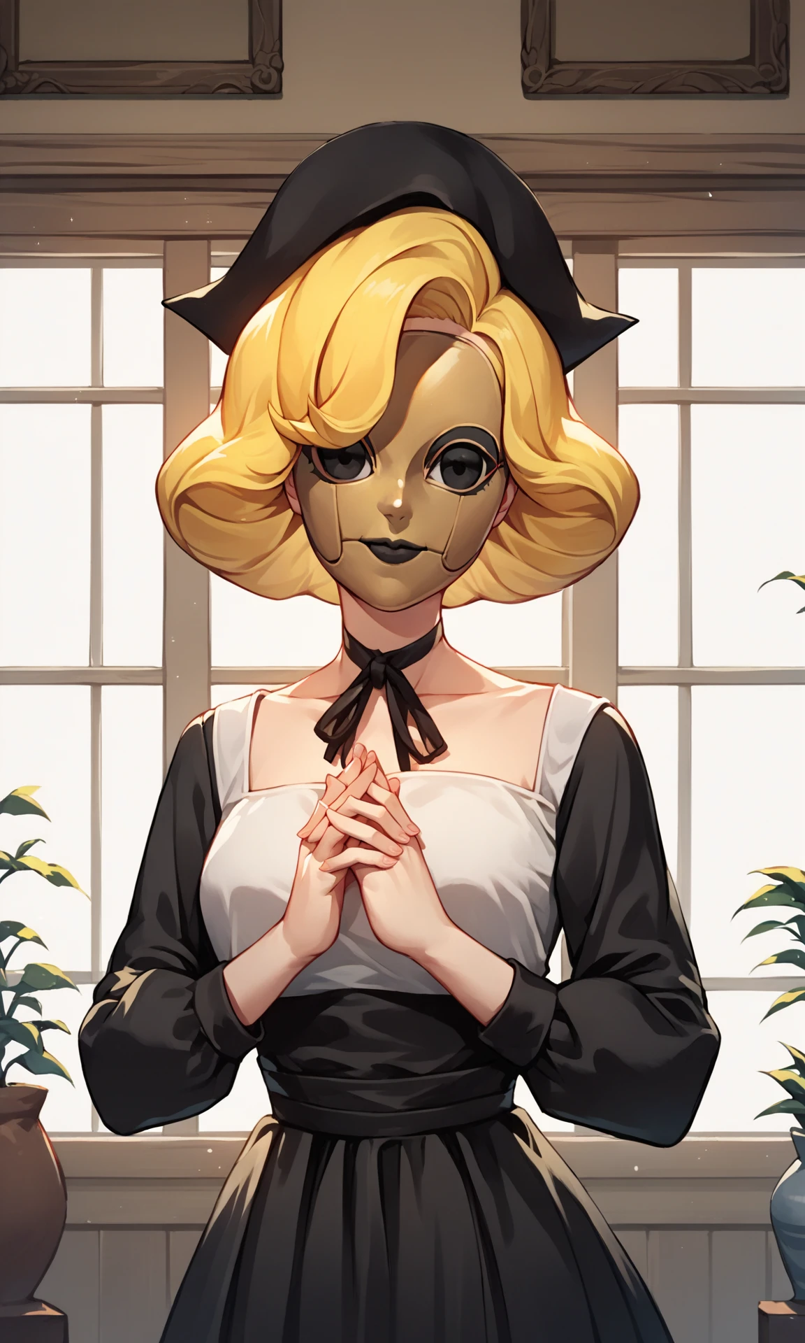 score_9, score_8_up, score_7_up, source_anime, indoors, at home, standing, looking at viewer, upper body, smiling, bettyBATDR, solo, 1girl, colored skin, yellow hair, headwear, mask, black eyes, neck ribbon, black dress, white top, long skirt, own hands together