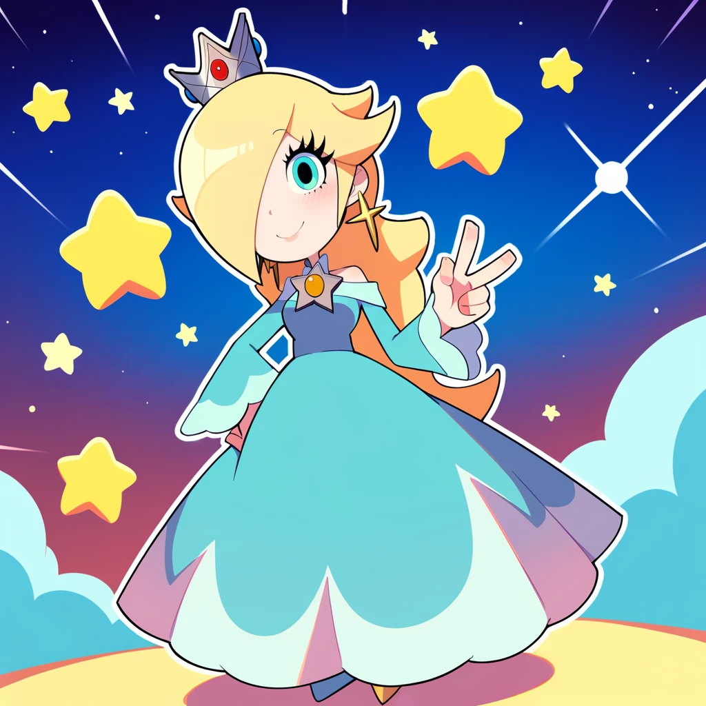 score_9,score_8_up,score_7_up,<lora:scottfalco:1>,
1girl,solo,rosalina,mini crown,blue dress,long dress,star earrings,large breasts,hair over one eye,white outline,
looking at viewer,head tilt,smile,closed mouth,hand on own hip,hand up,v,on ground,on moon,space,star \(sky\),galaxy,blush,