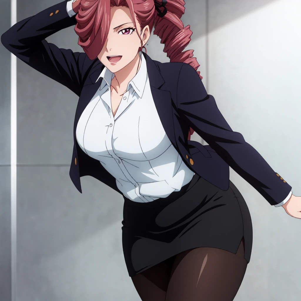 best quality, anime screencap, anime coloring, 1girl, solo, breasts, skirt, white shirt, black jacket, pantyhose, formal, suit, pencil skirt, office lady, skirt suit, hair ornament, pink eyes, magenta hair, hair over one eye, drill hair, long ponytail, long hair, maltran_v1, standing, legs apart, light smile, open mouth, matured women